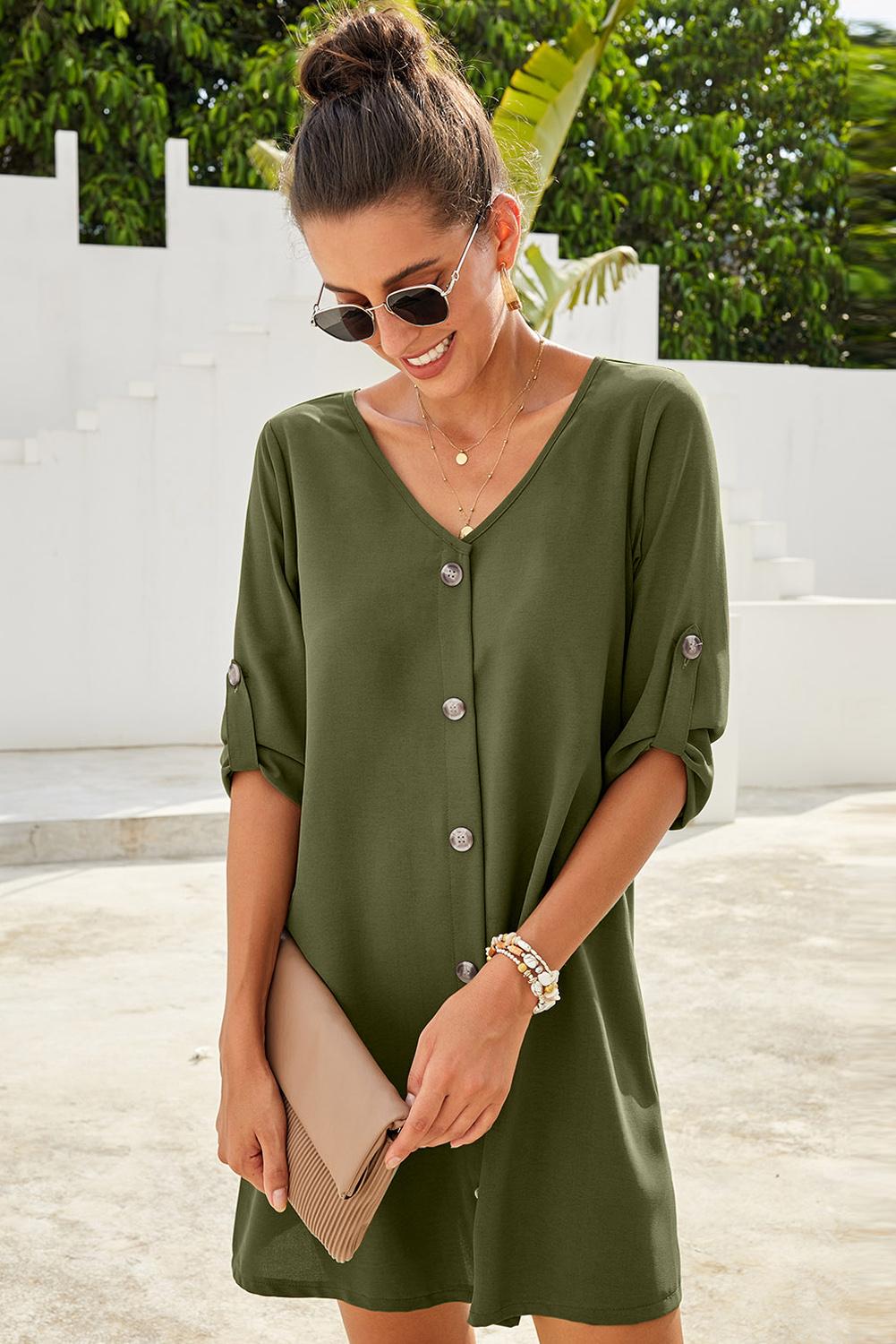 Buttoned V-Neck Dress BLUE ZONE PLANET