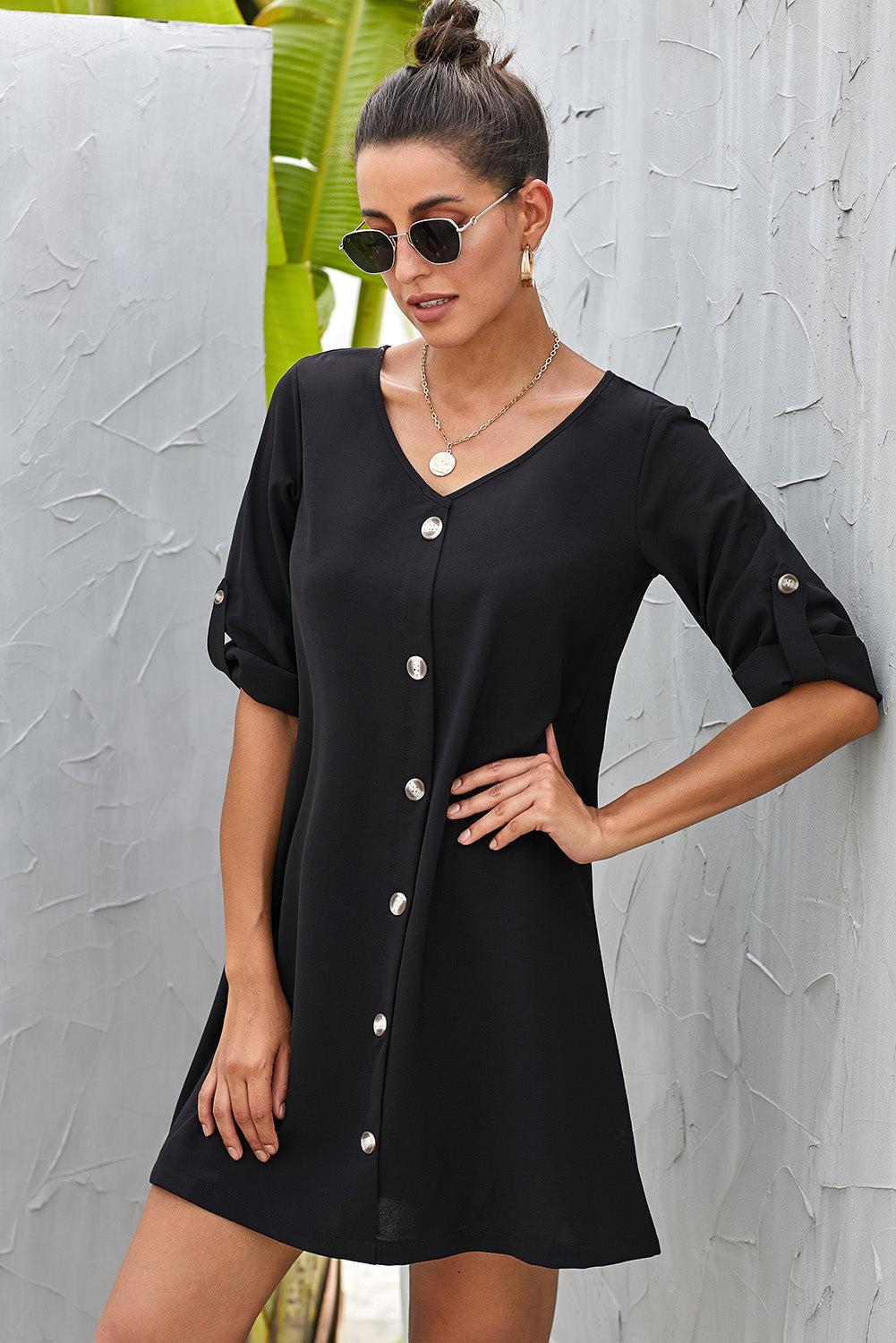 Buttoned V-Neck Dress BLUE ZONE PLANET