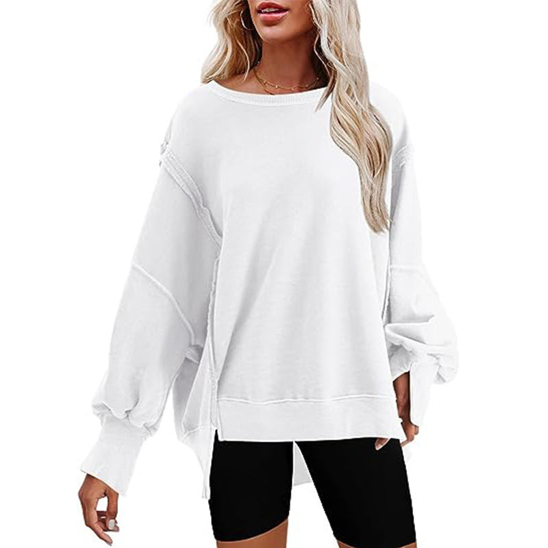 Elara's round neck loose side slit long sleeve BLUE ZONE PLANET