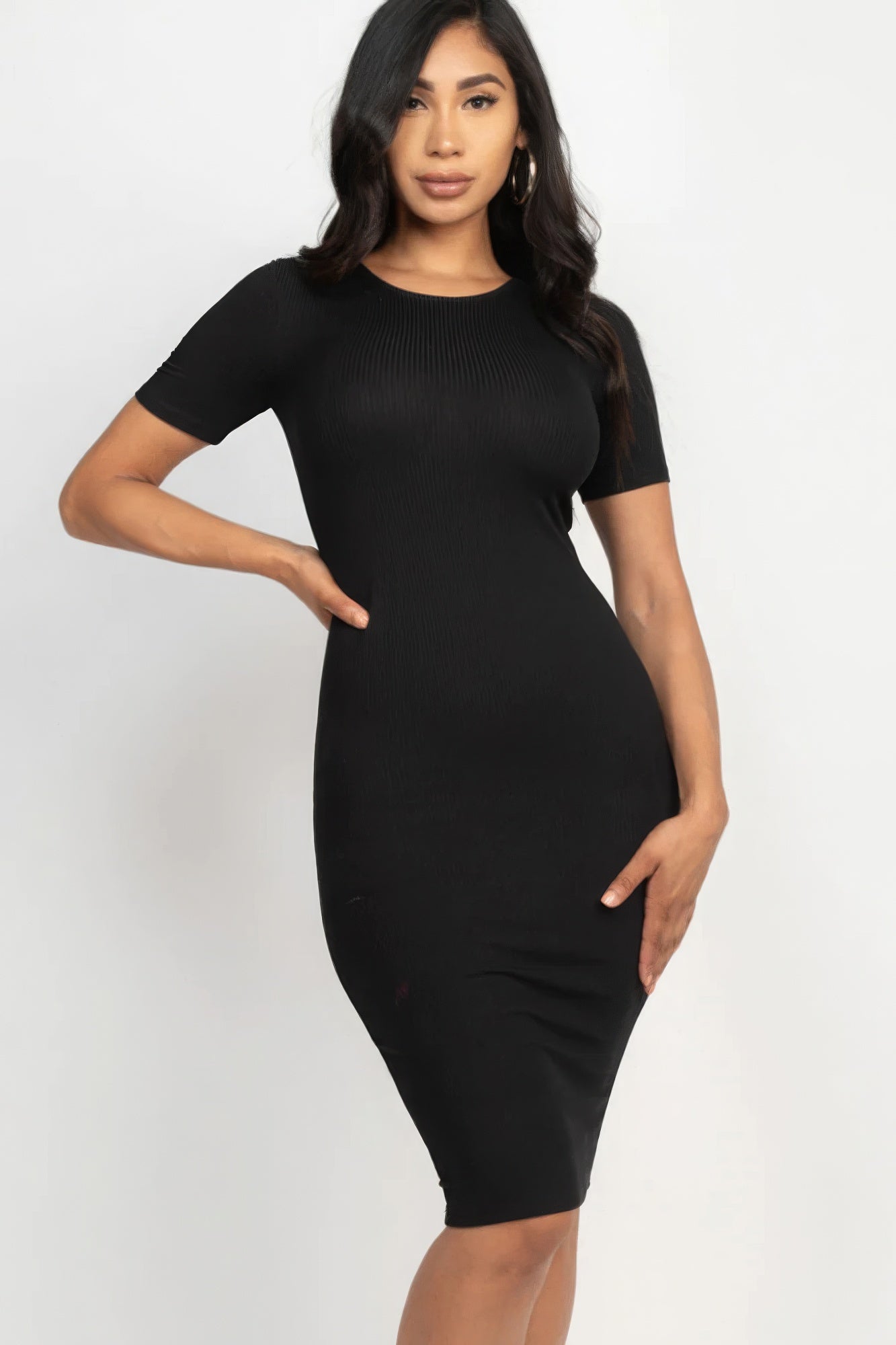 Sophia's Ribbed Bodycon Short Sleeve Solid Color Midi Dress Blue Zone Planet