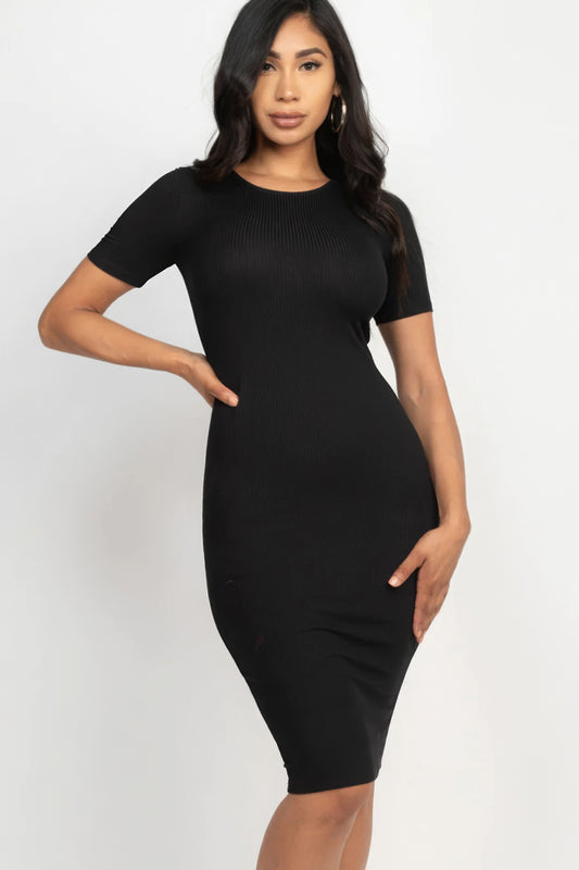 Sophia's Ribbed Bodycon Short Sleeve Solid Color Midi Dress Blue Zone Planet
