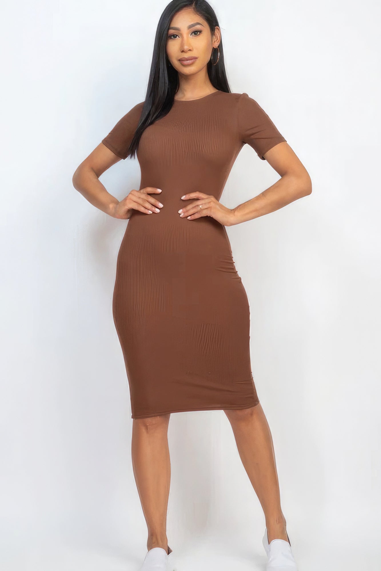 Sophia's Ribbed Bodycon Short Sleeve Solid Color Midi Dress Blue Zone Planet