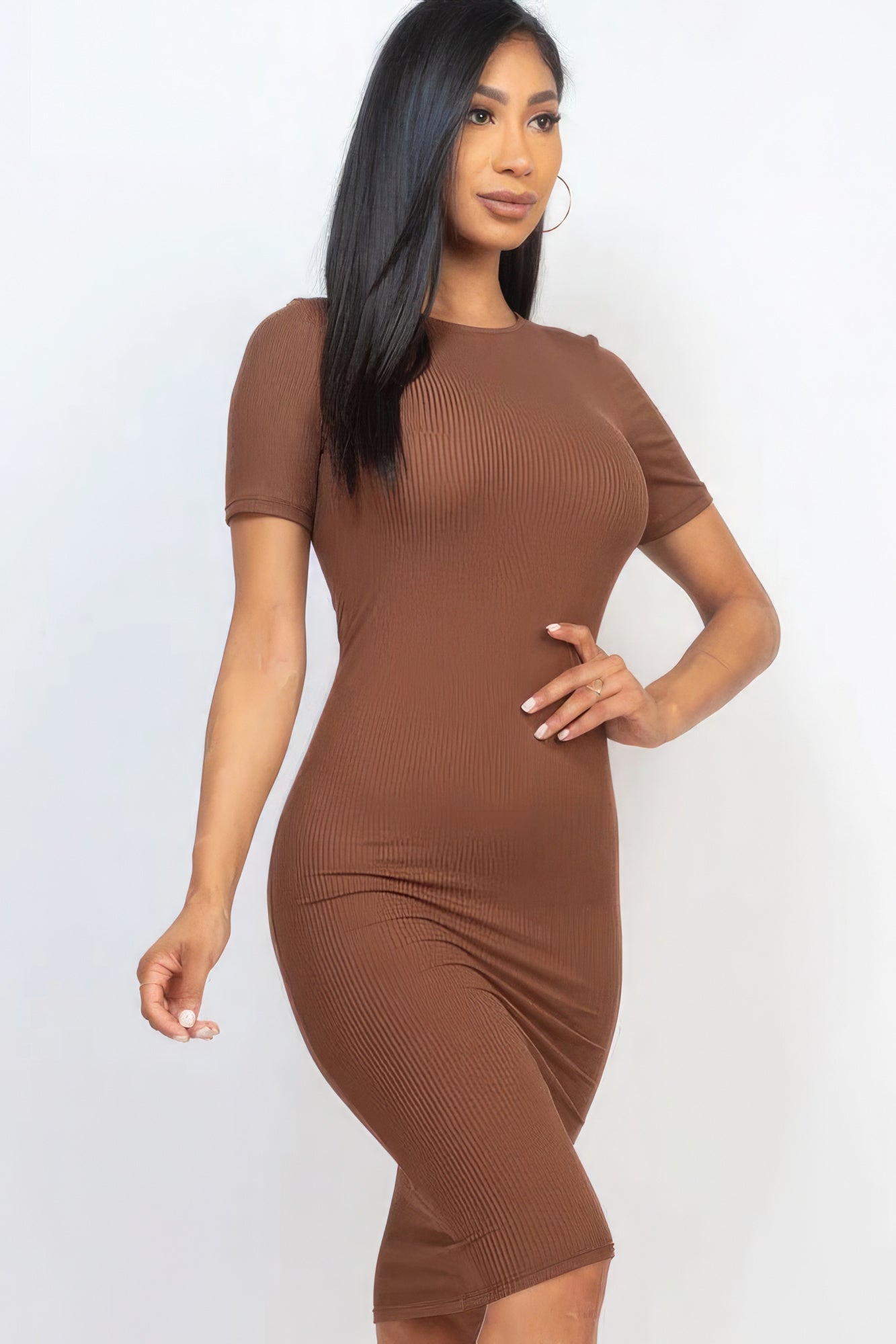 Sophia's Ribbed Bodycon Short Sleeve Solid Color Midi Dress Blue Zone Planet