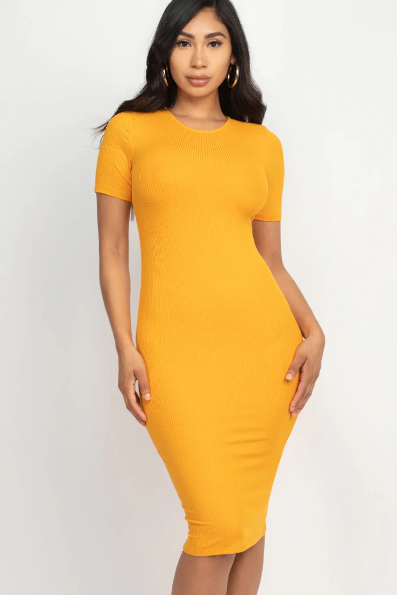Sophia's Ribbed Bodycon Short Sleeve Solid Color Midi Dress Blue Zone Planet