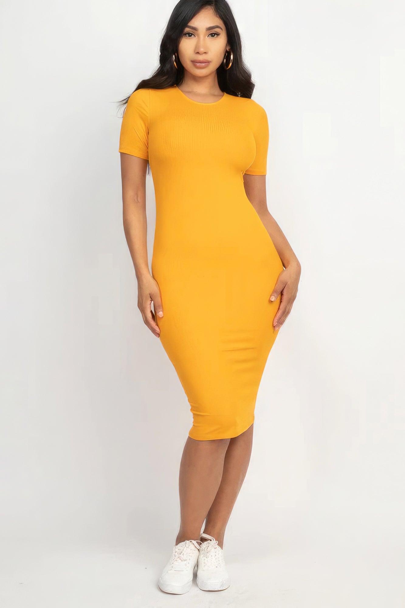 Sophia's Ribbed Bodycon Short Sleeve Solid Color Midi Dress Blue Zone Planet