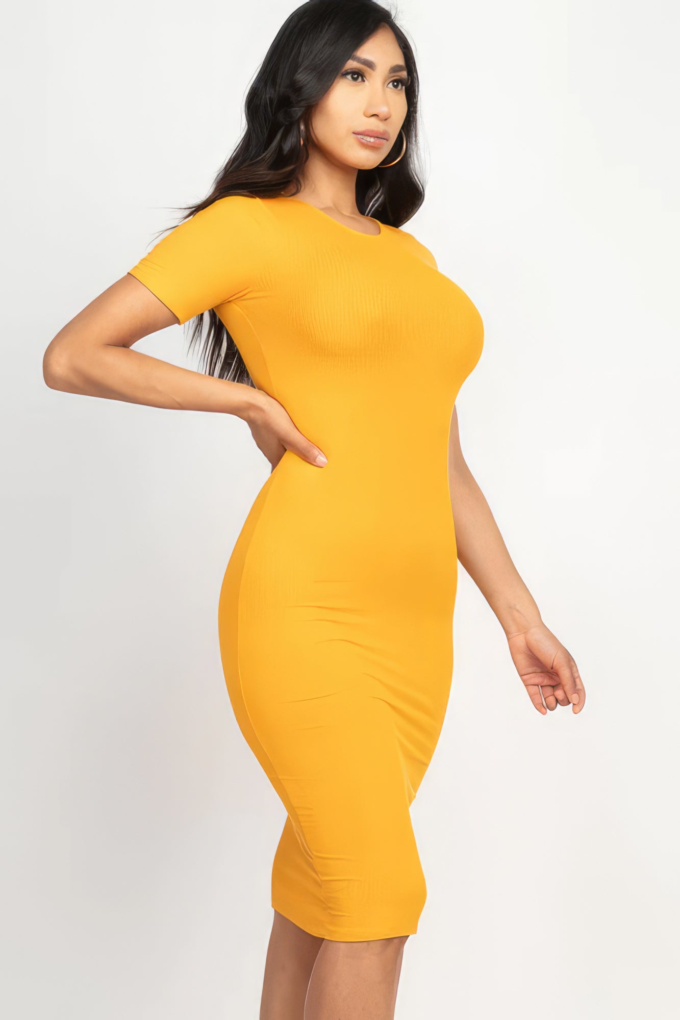 Sophia's Ribbed Bodycon Short Sleeve Solid Color Midi Dress Blue Zone Planet