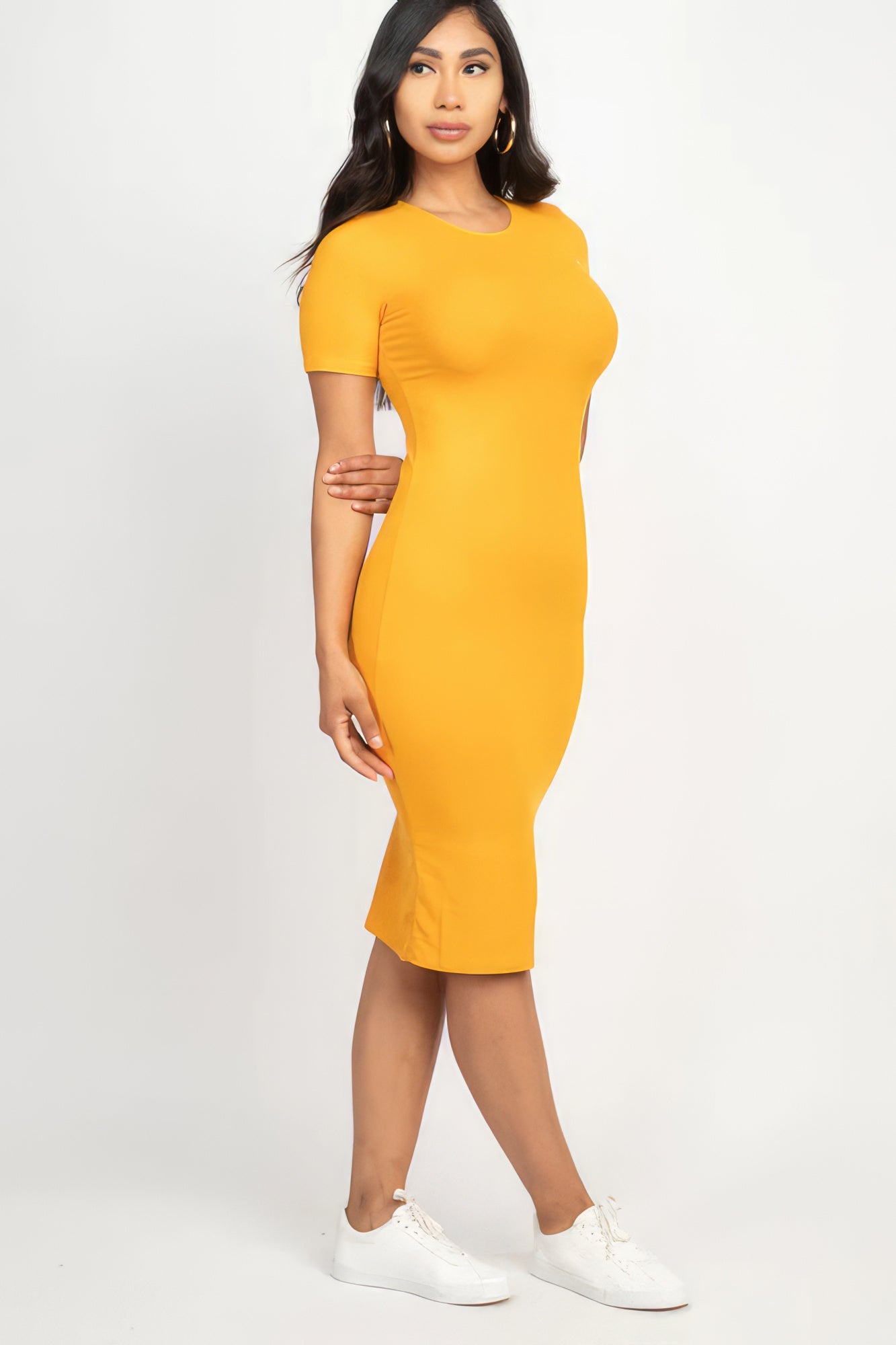 Sophia's Ribbed Bodycon Short Sleeve Solid Color Midi Dress Blue Zone Planet