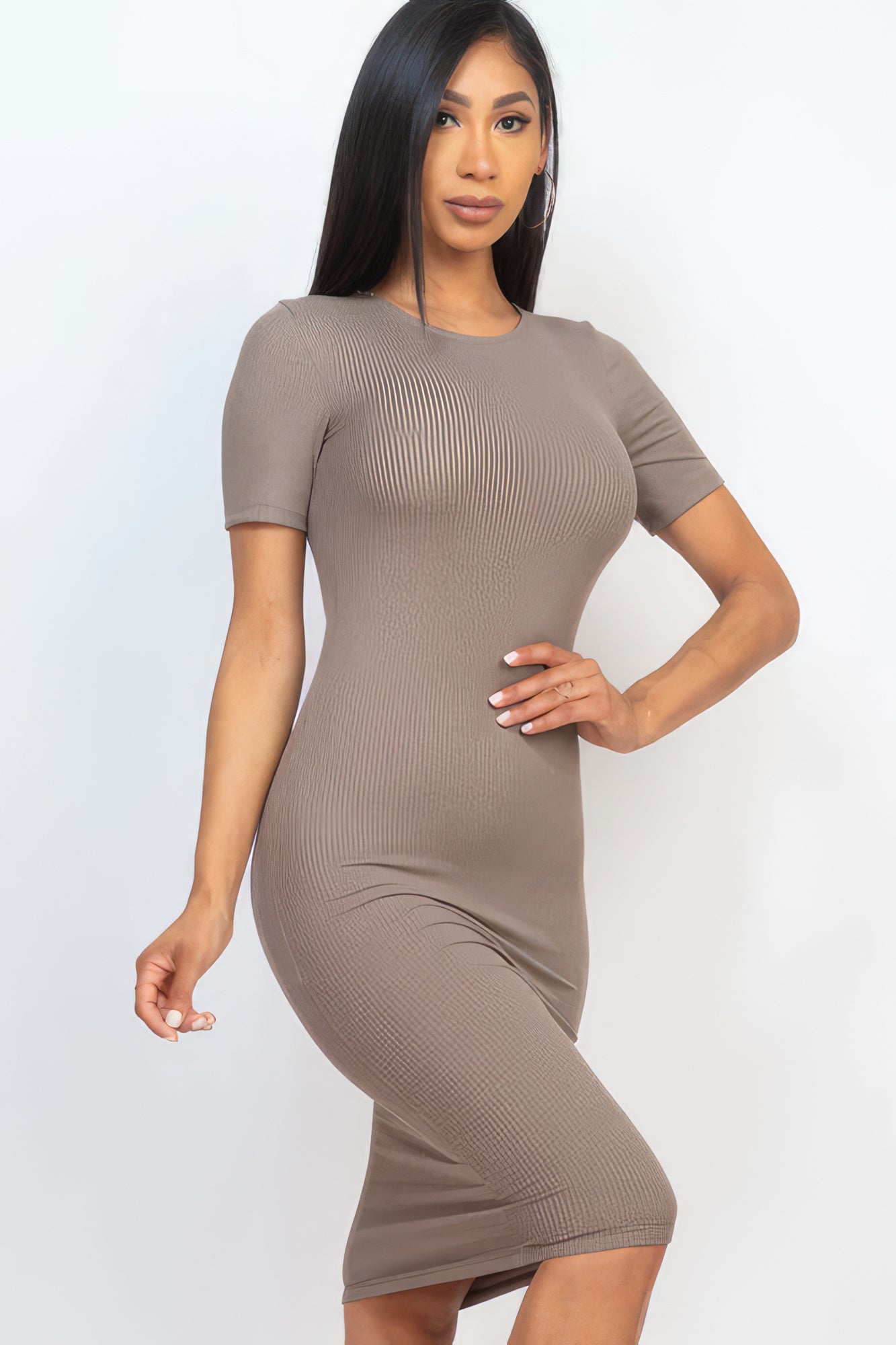 Sophia's Ribbed Bodycon Short Sleeve Solid Color Midi Dress Blue Zone Planet