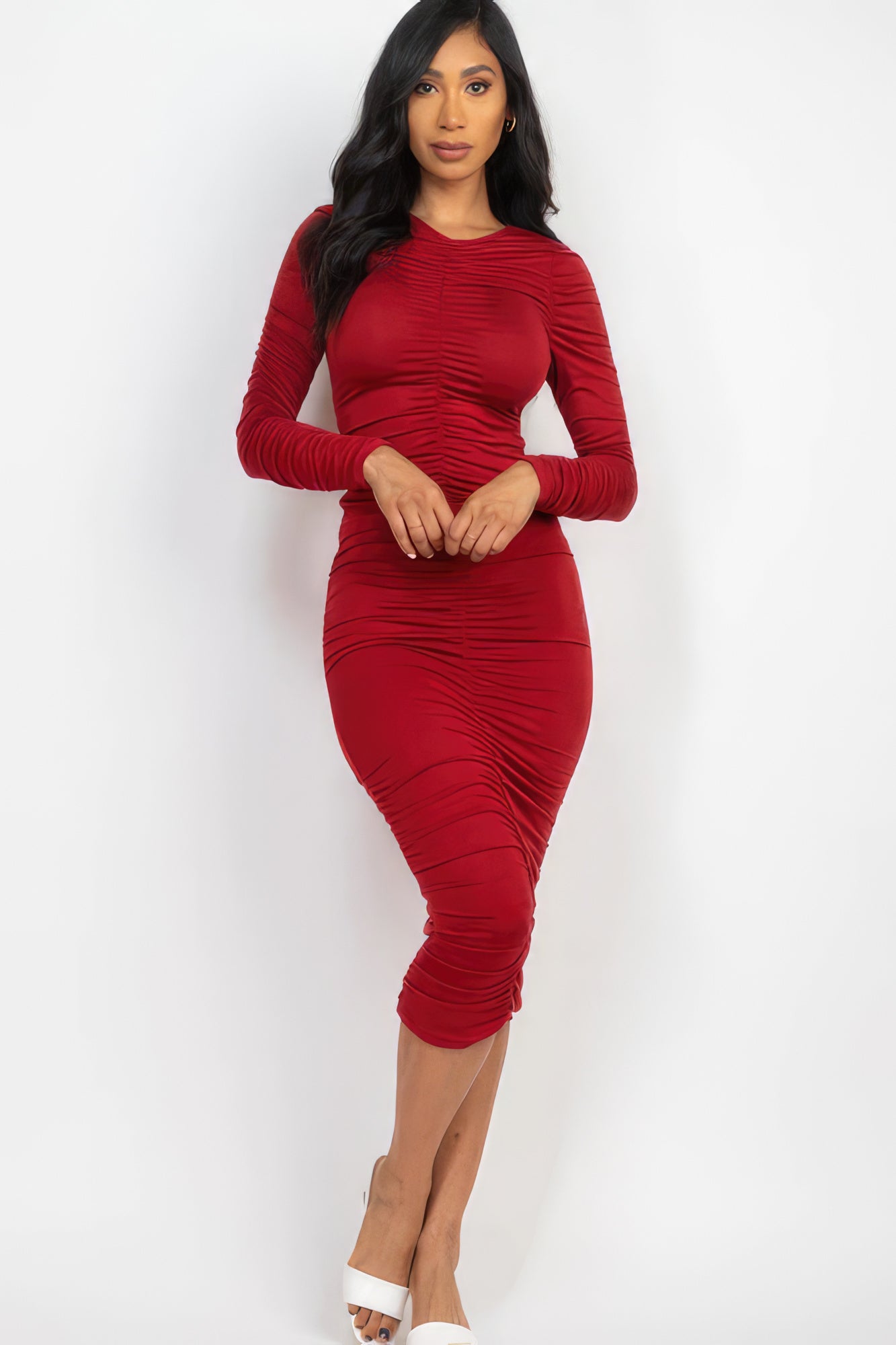 Ella's Ruched Long Sleeve V-Neck Midi Dress Blue Zone Planet