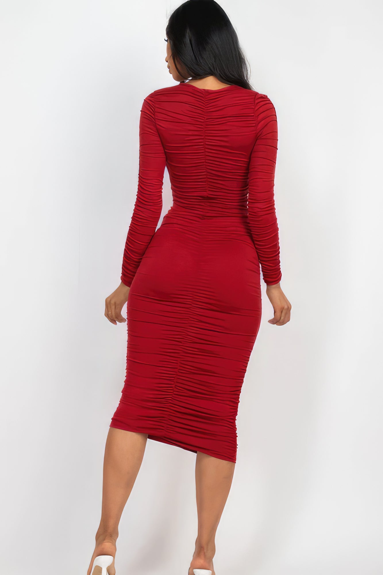 Ella's Ruched Long Sleeve V-Neck Midi Dress Blue Zone Planet
