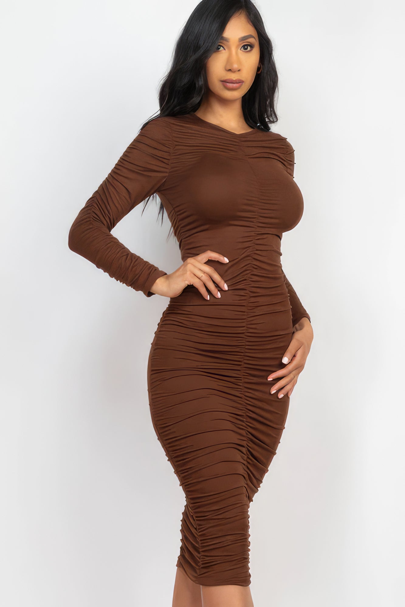 Ella's Ruched Long Sleeve V-Neck Midi Dress Blue Zone Planet