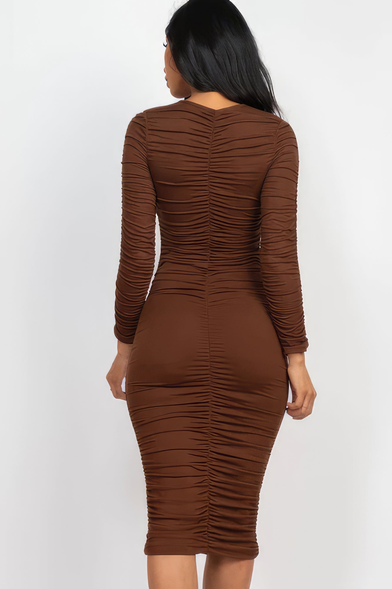 Ella's Ruched Long Sleeve V-Neck Midi Dress Blue Zone Planet