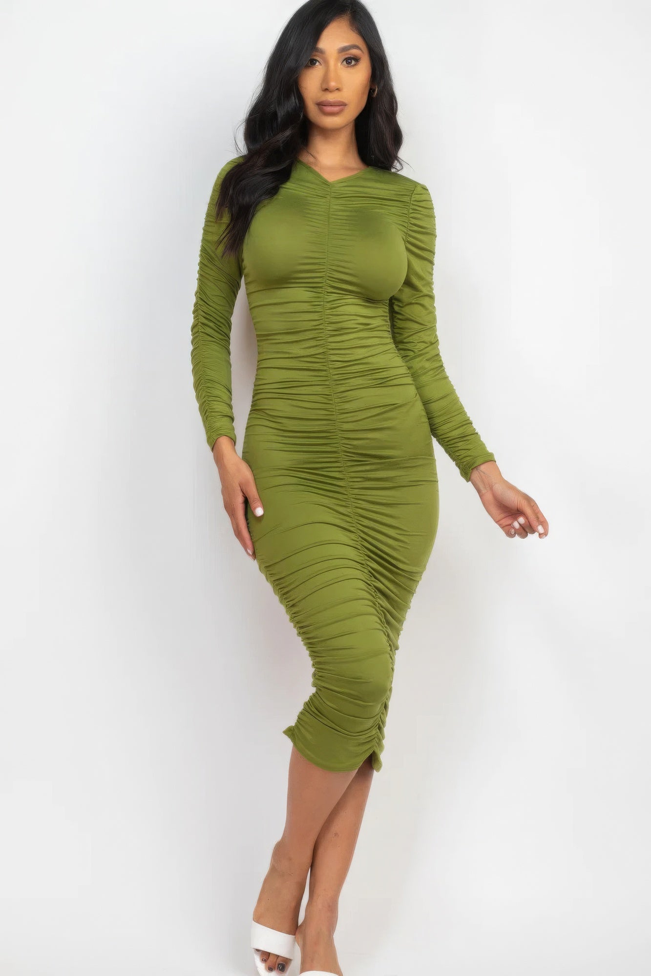 Ella's Ruched Long Sleeve V-Neck Midi Dress Blue Zone Planet
