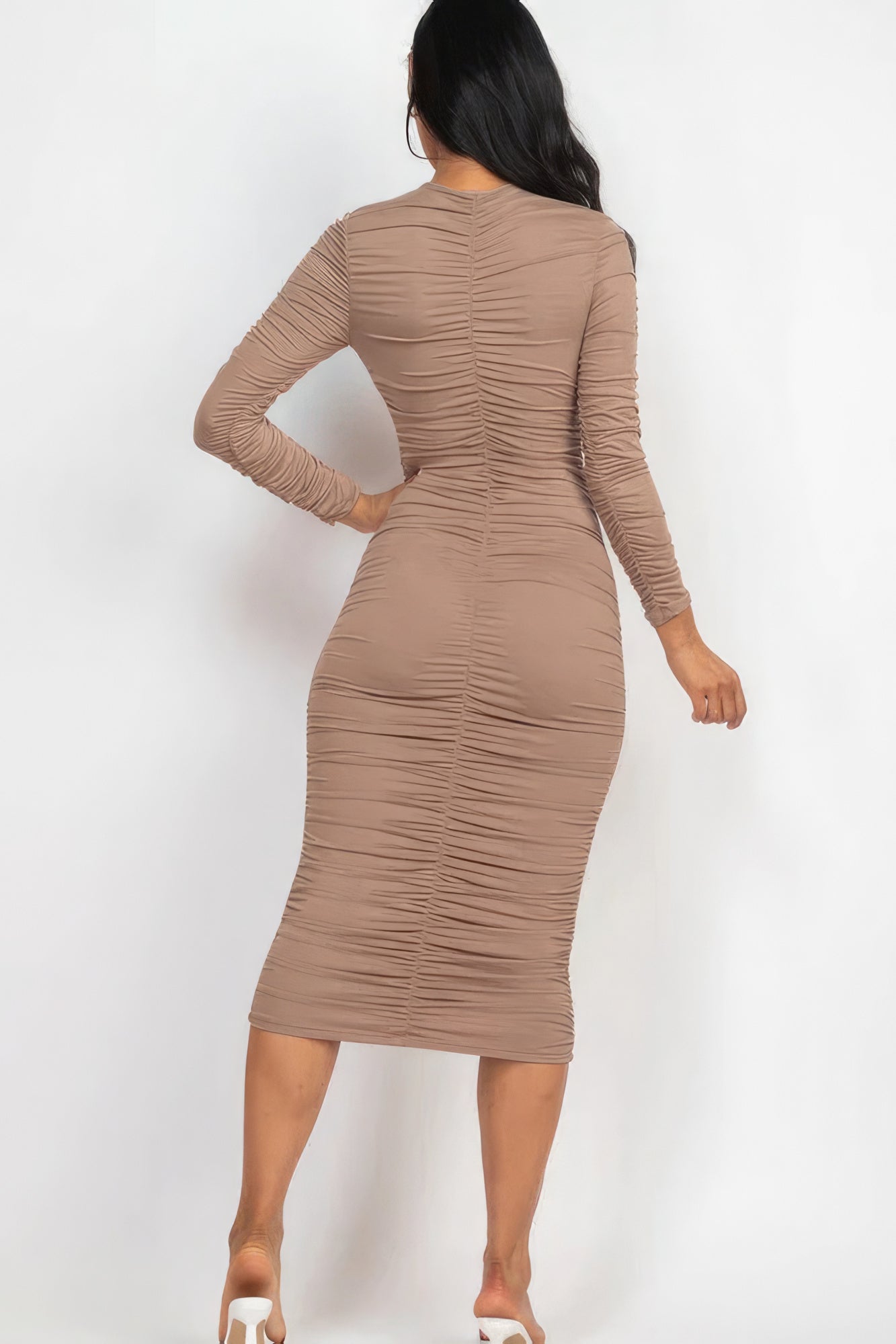 Ella's Ruched Long Sleeve V-Neck Midi Dress Blue Zone Planet
