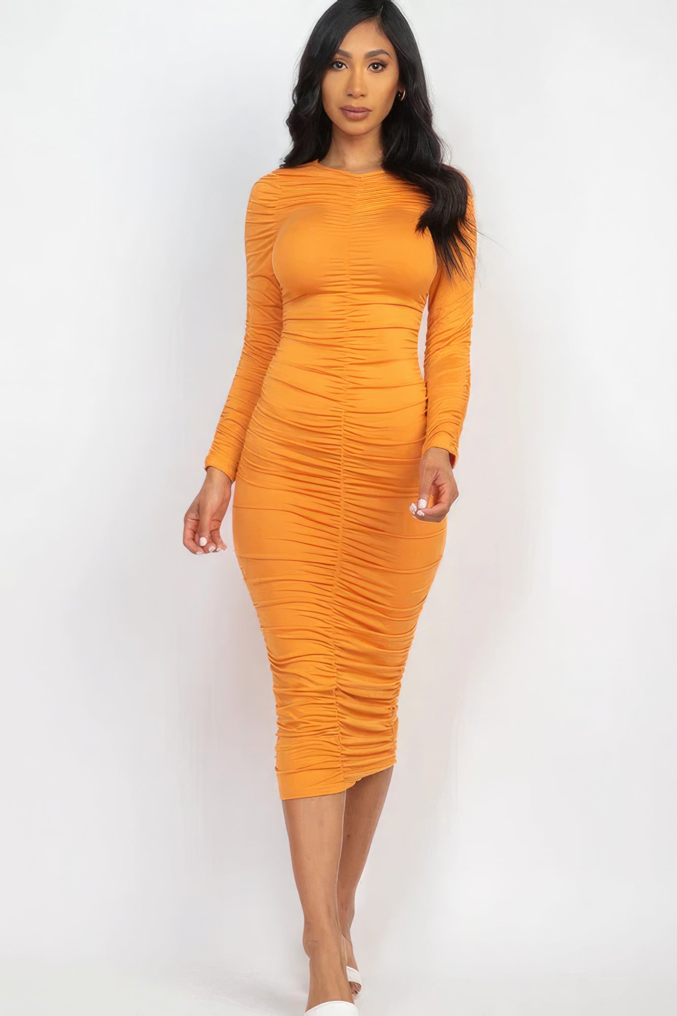 Ella's Ruched Long Sleeve V-Neck Midi Dress Blue Zone Planet