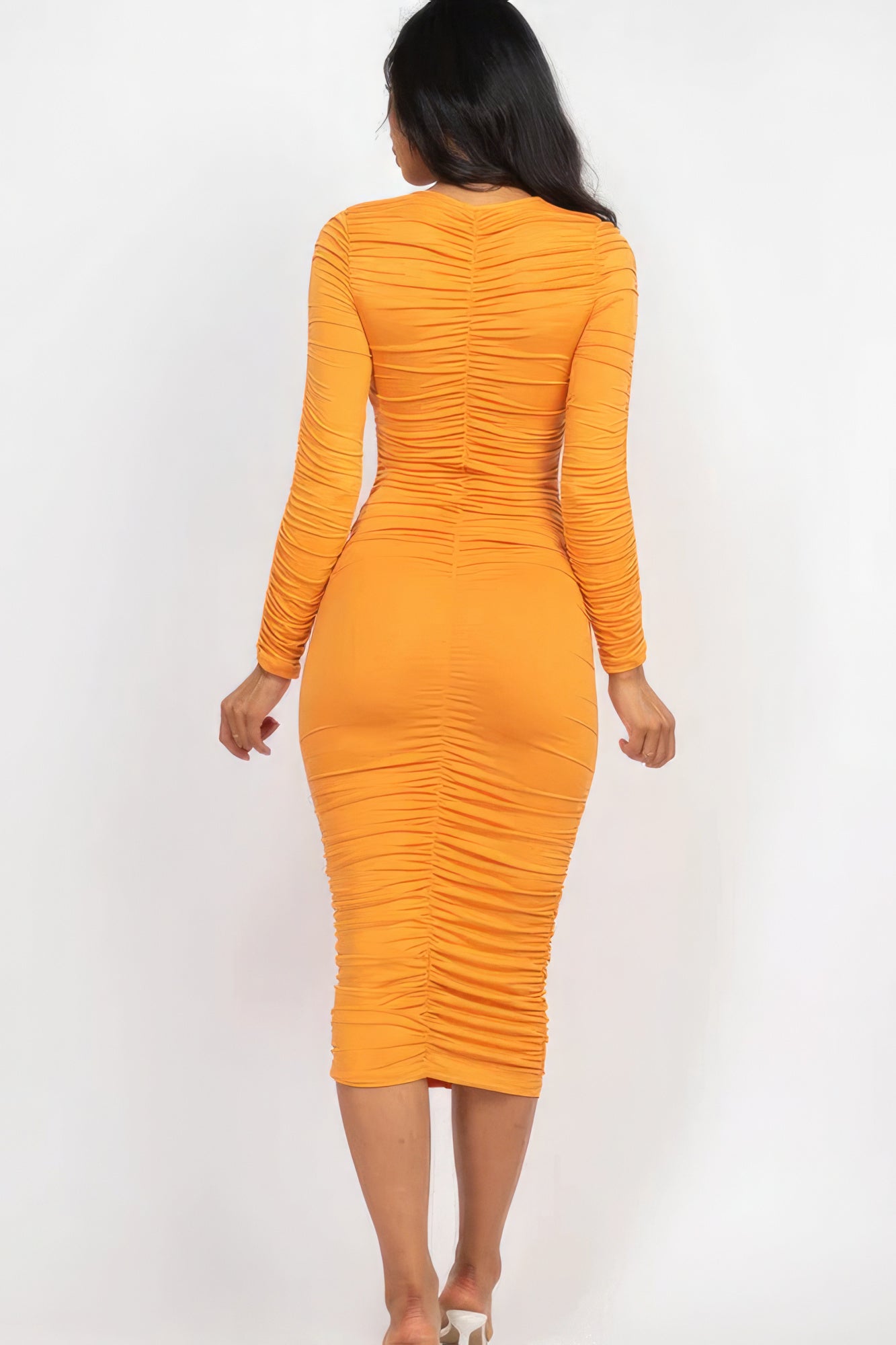 Ella's Ruched Long Sleeve V-Neck Midi Dress Blue Zone Planet