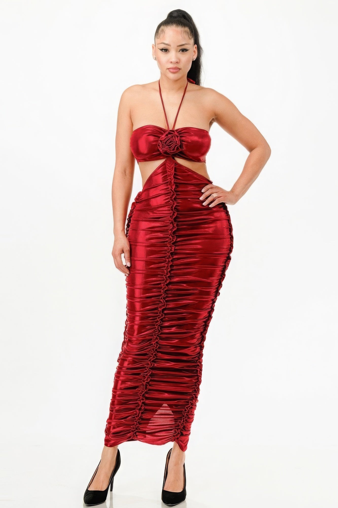 Blue Zone Planet | Metallic Rushed Halter Dress Blue Zone Planet