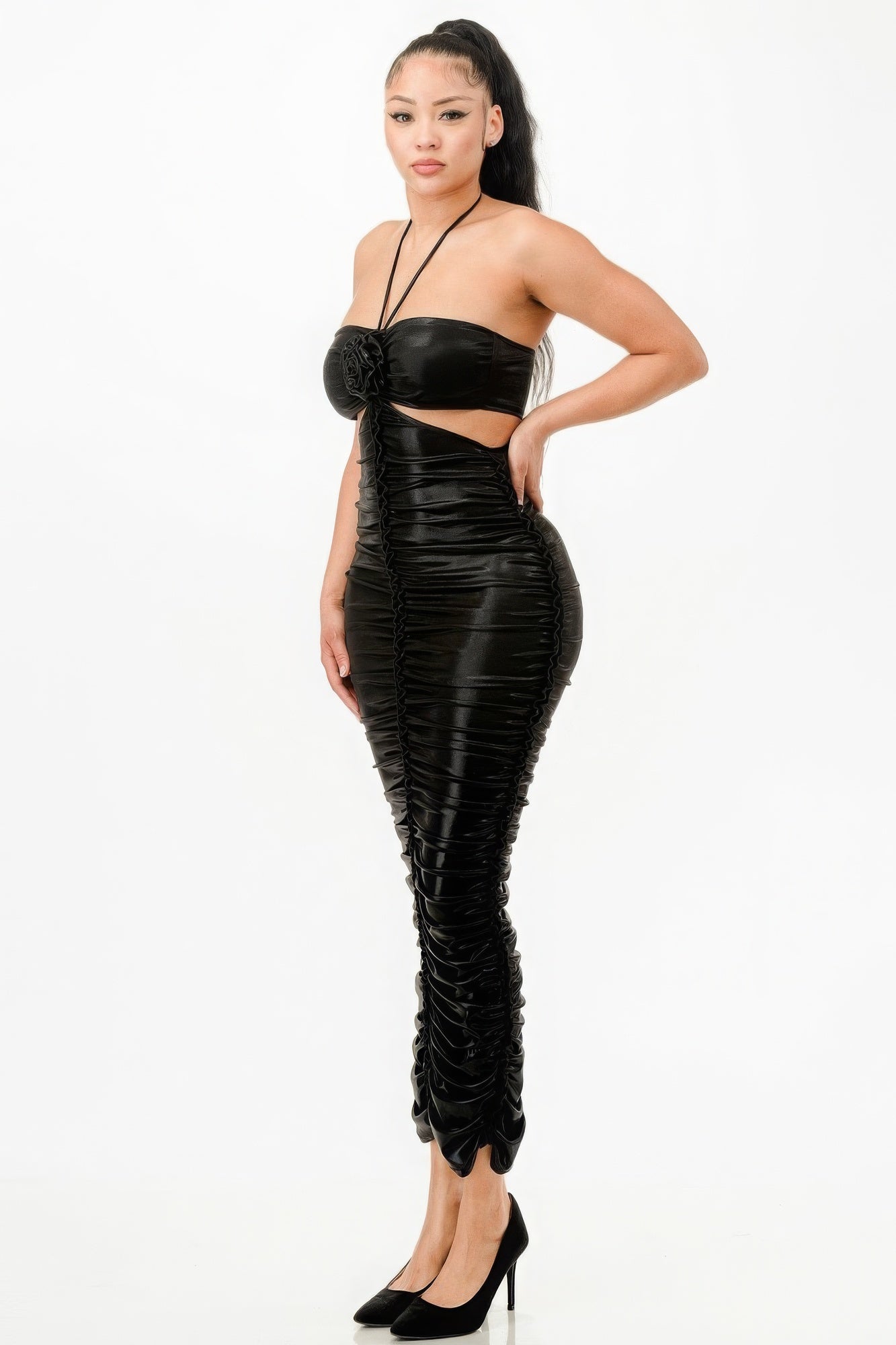 Blue Zone Planet | Metallic Rushed Halter Dress Blue Zone Planet