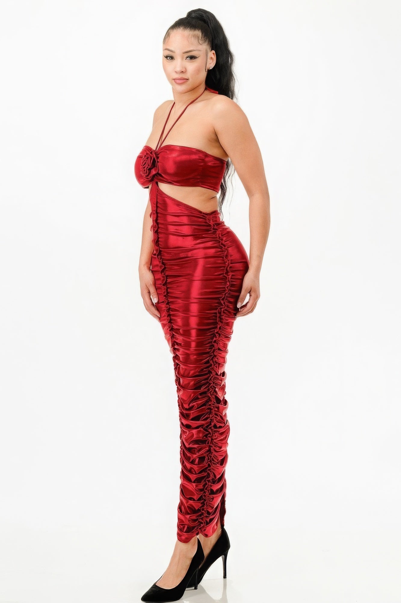 Blue Zone Planet | Metallic Rushed Halter Dress Blue Zone Planet