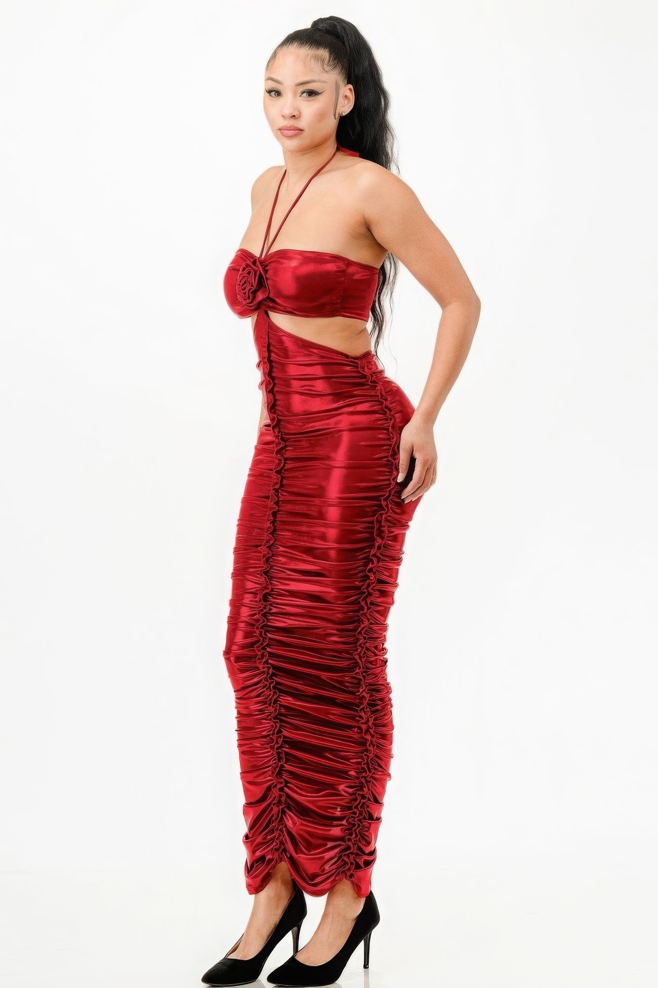 Blue Zone Planet | Metallic Rushed Halter Dress Blue Zone Planet