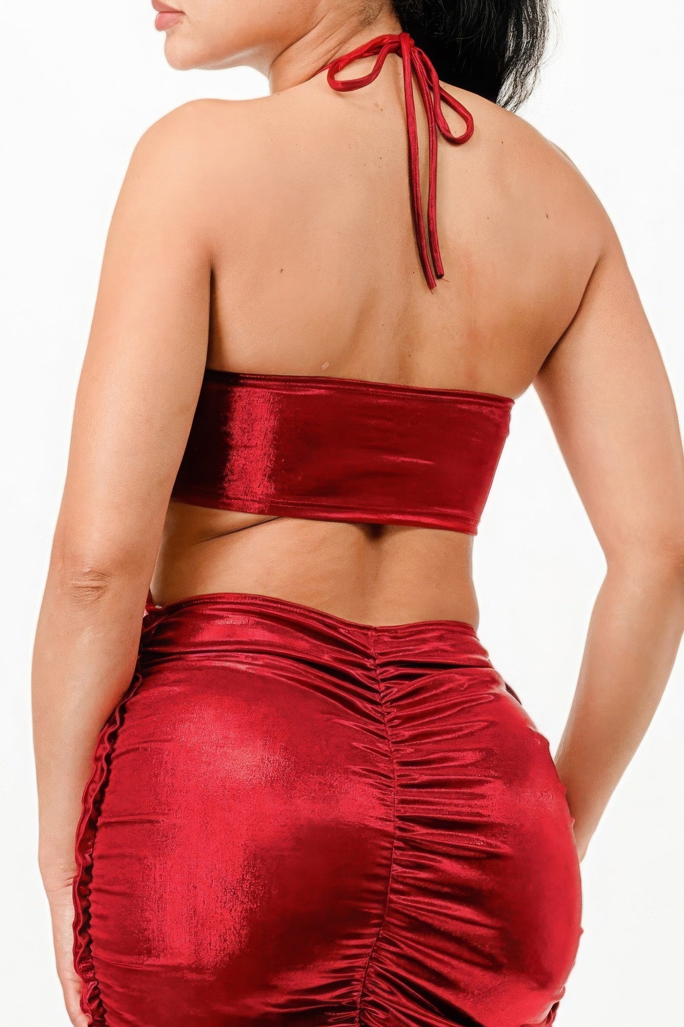 Blue Zone Planet | Metallic Rushed Halter Dress Blue Zone Planet