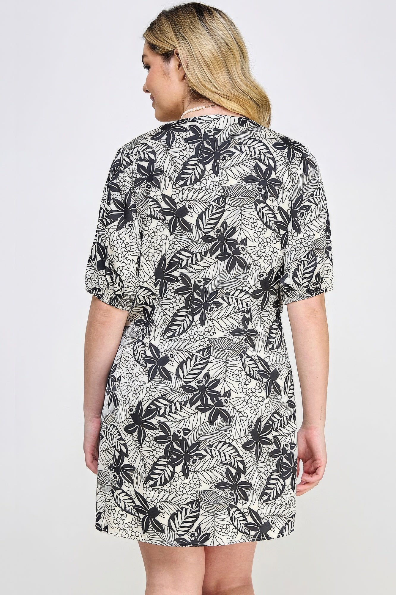 Sophia's Plus Size V-Neck Botanical Print Front Tie Dress Blue Zone Planet