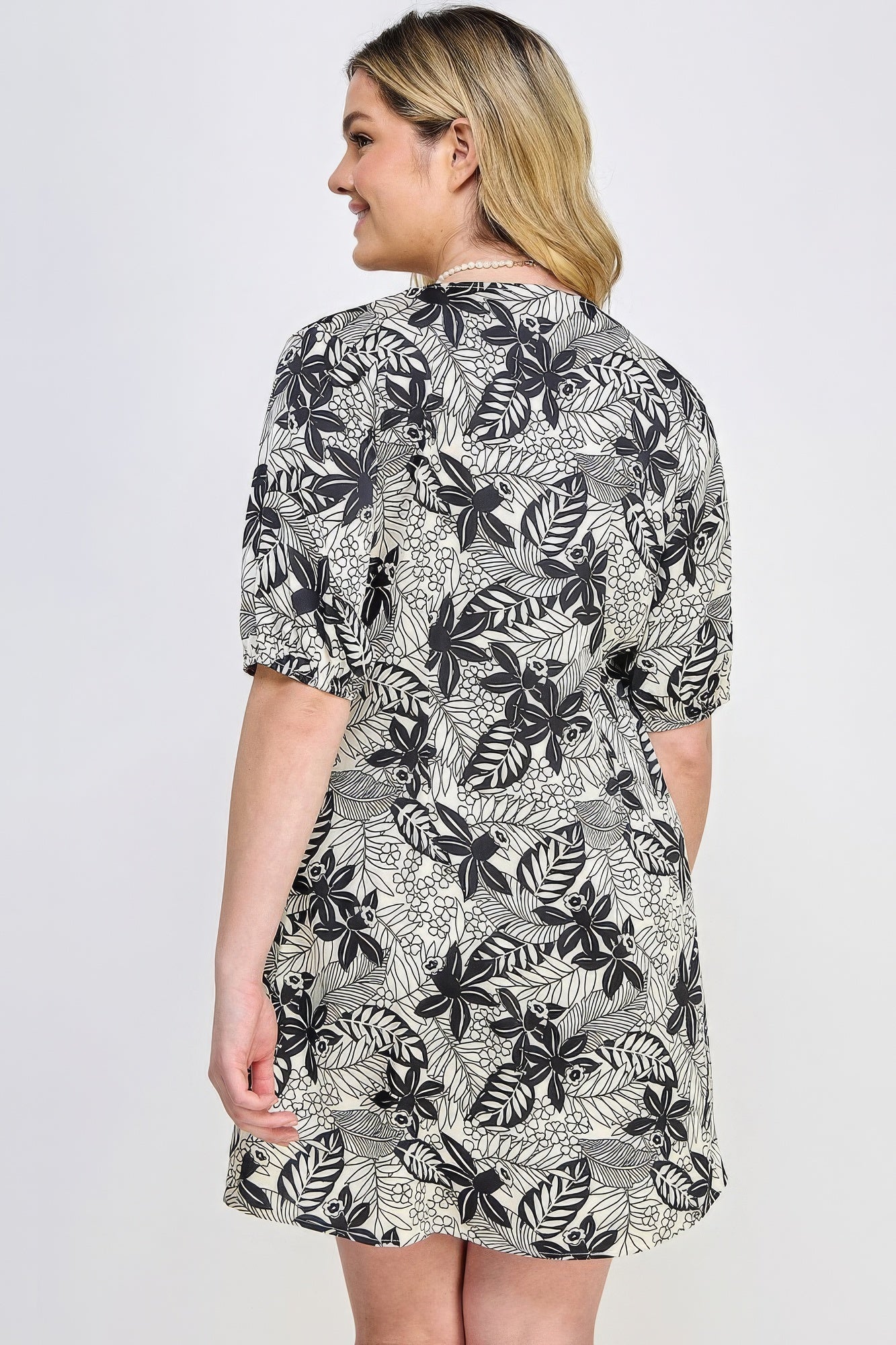Sophia's Plus Size V-Neck Botanical Print Front Tie Dress Blue Zone Planet