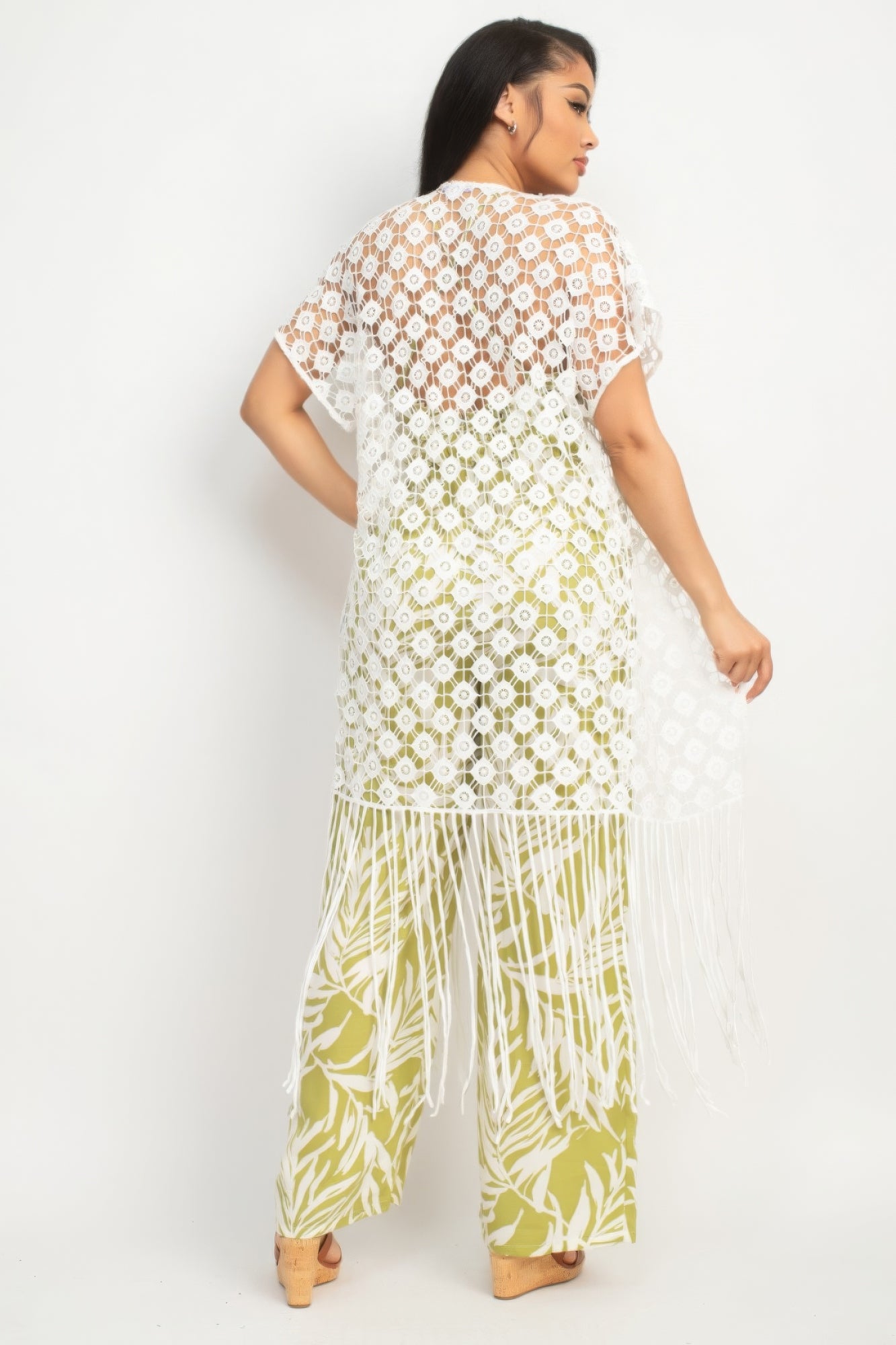 Blue Zone Planet | Aria's Crocheted Open-Front Fringe Kimono Blue Zone Planet