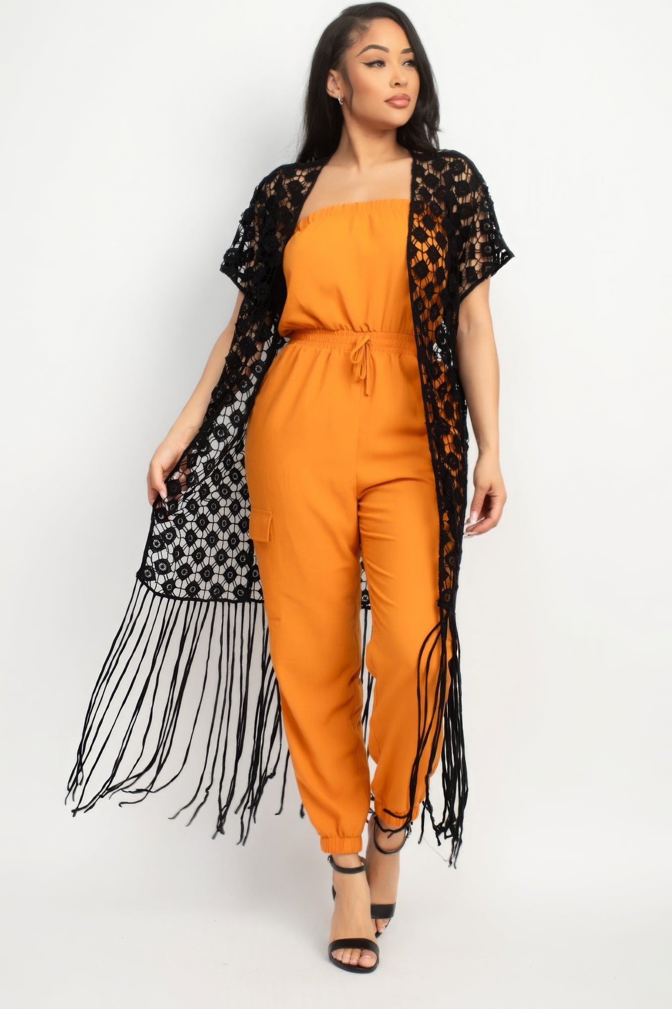 Blue Zone Planet | Aria's Crocheted Open-Front Fringe Kimono Blue Zone Planet
