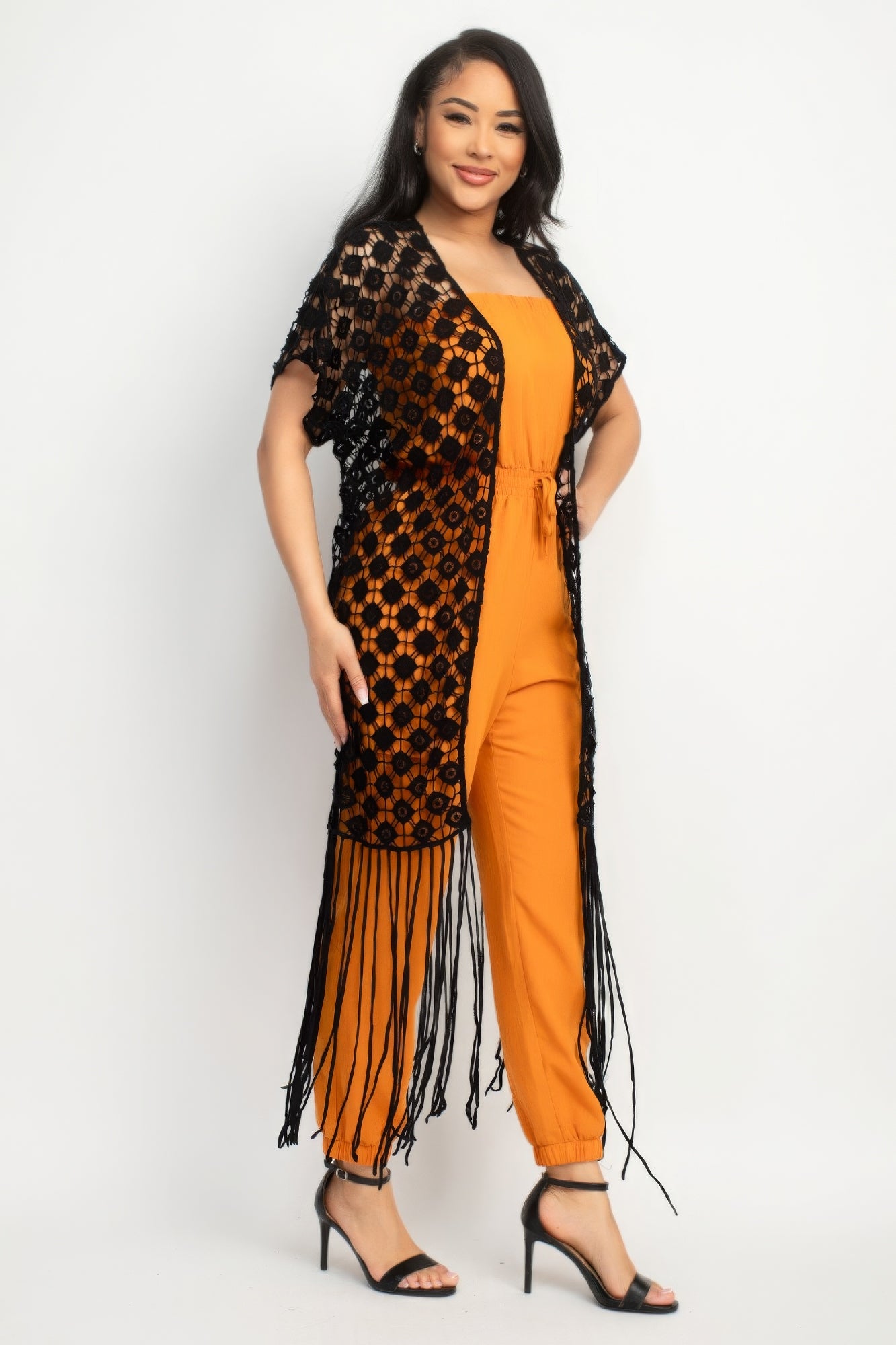 Blue Zone Planet | Aria's Crocheted Open-Front Fringe Kimono Blue Zone Planet