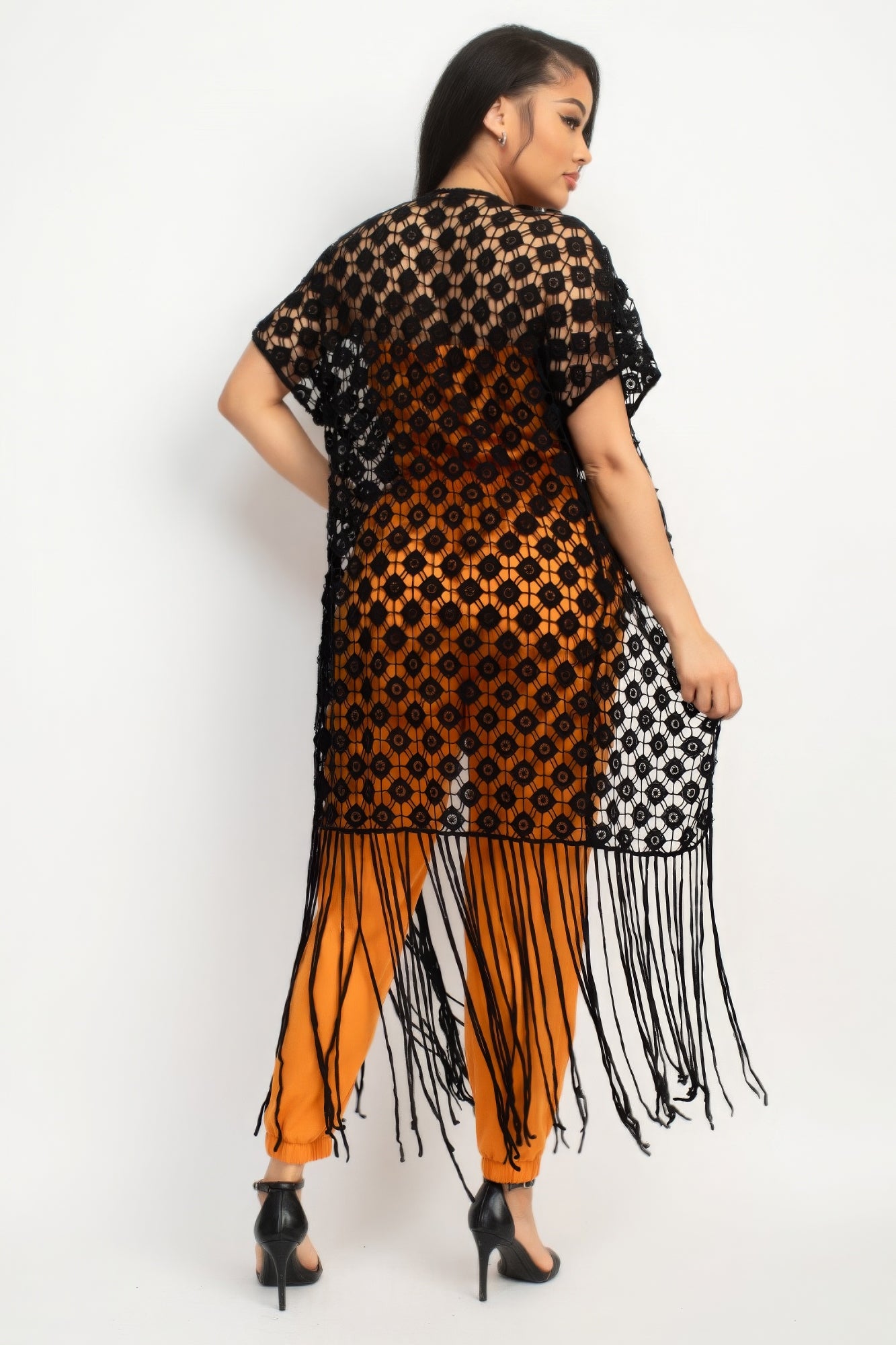 Blue Zone Planet | Aria's Crocheted Open-Front Fringe Kimono Blue Zone Planet