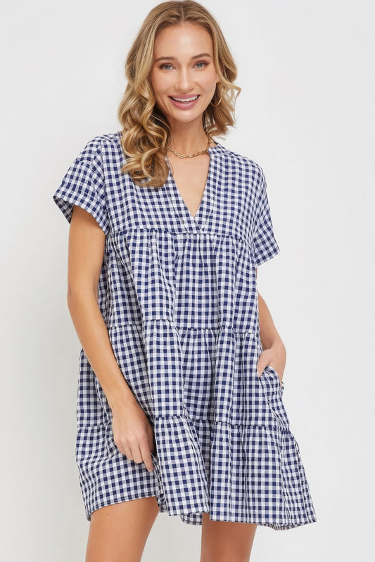 Ella's V-Neck Babydoll Gingham Mini Dress Blue Zone Planet