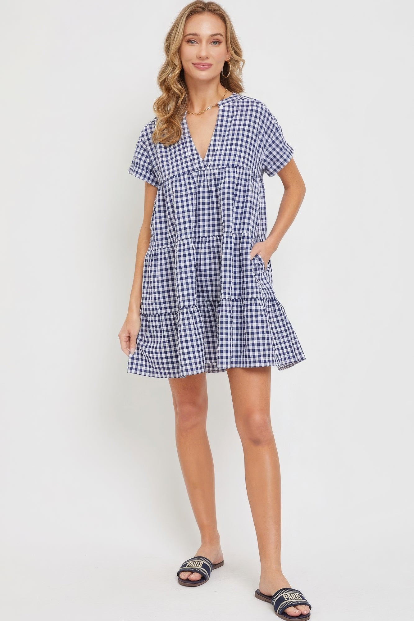 Ella's V-Neck Babydoll Gingham Mini Dress Blue Zone Planet