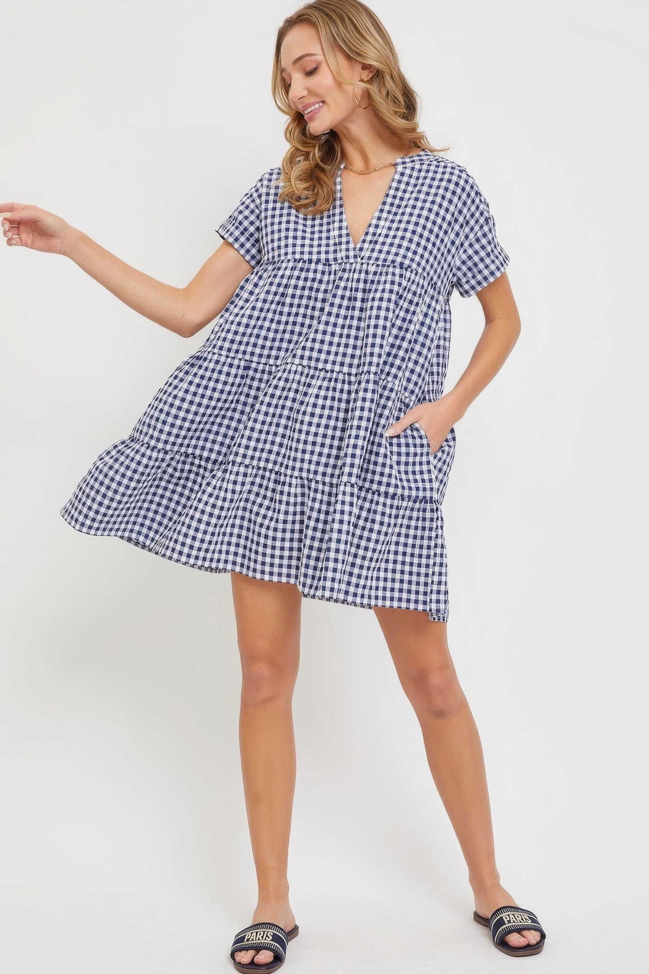 Ella's V-Neck Babydoll Gingham Mini Dress Blue Zone Planet
