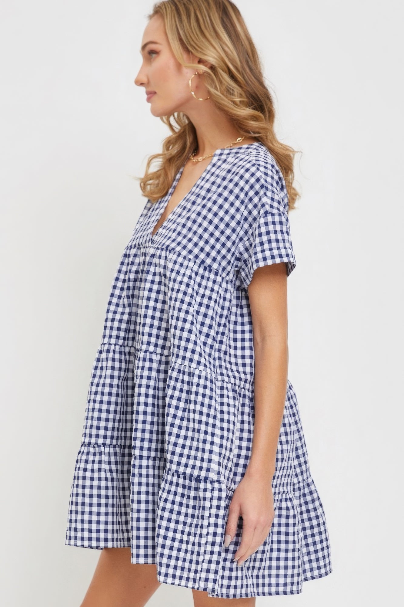 Ella's V-Neck Babydoll Gingham Mini Dress Blue Zone Planet