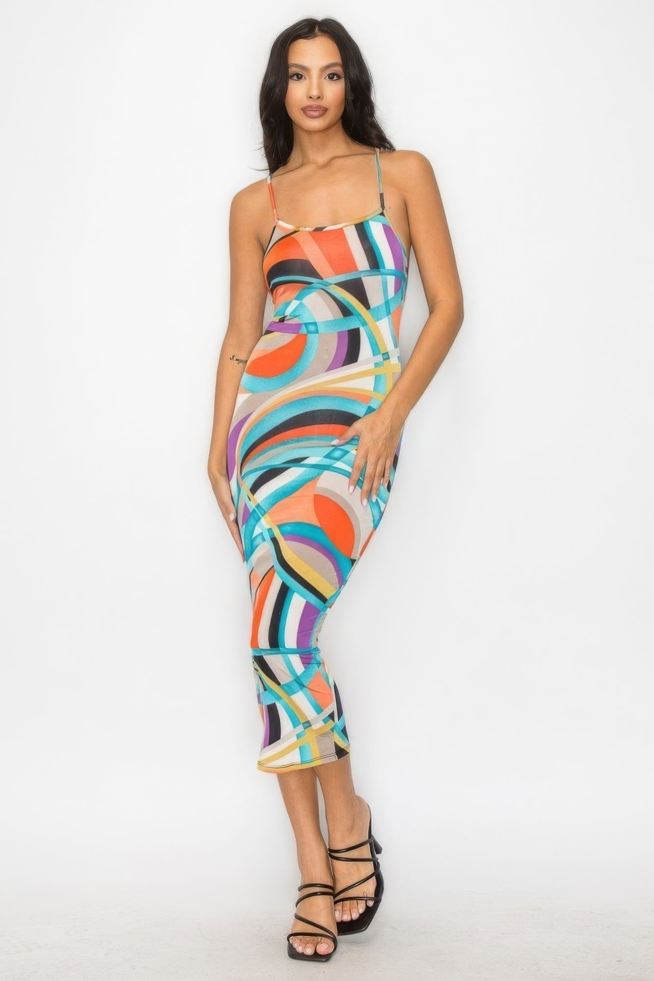 Blue Zone Planet | Amelia's Crossed Back Marble Print Multicolor Midi Dress Blue Zone Planet