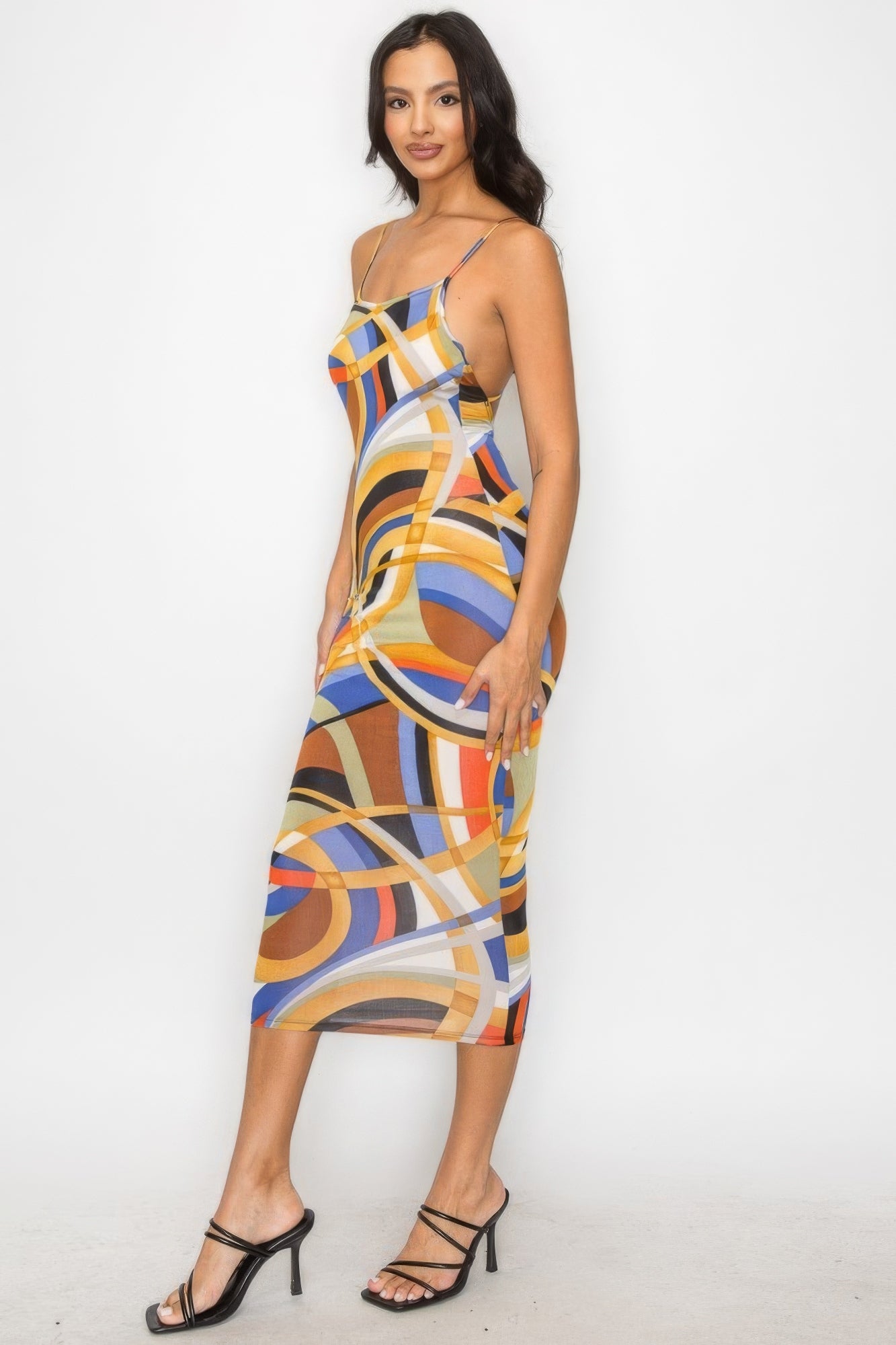 Blue Zone Planet | Amelia's Crossed Back Marble Print Multicolor Midi Dress Blue Zone Planet