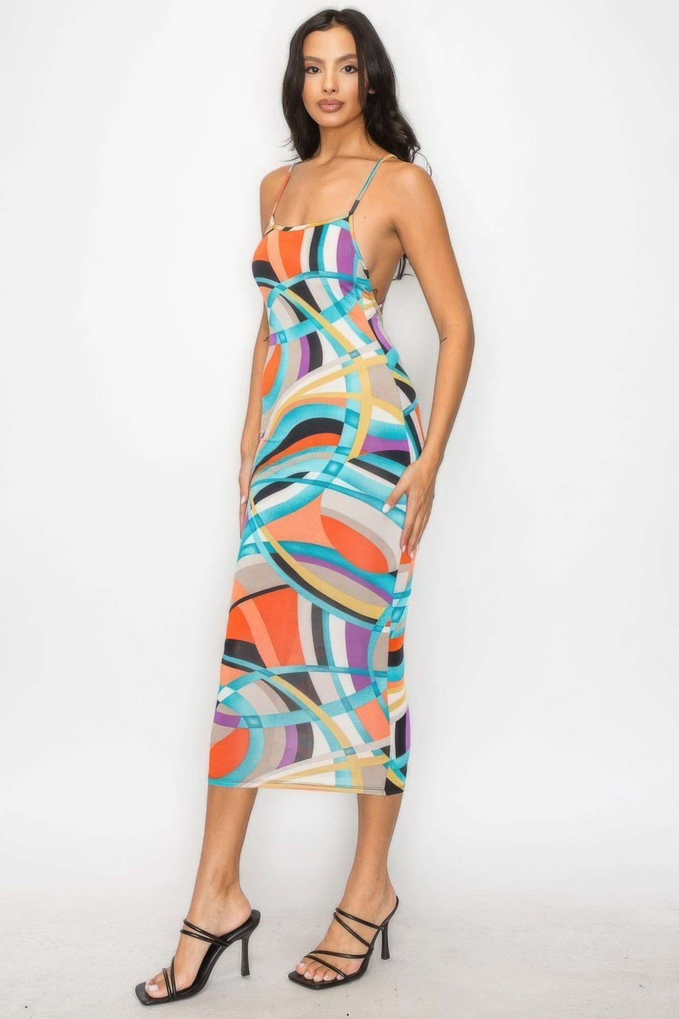 Blue Zone Planet | Amelia's Crossed Back Marble Print Multicolor Midi Dress Blue Zone Planet