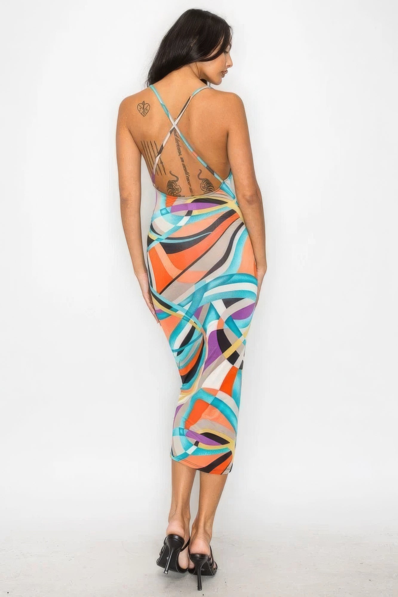Blue Zone Planet | Amelia's Crossed Back Marble Print Multicolor Midi Dress Blue Zone Planet