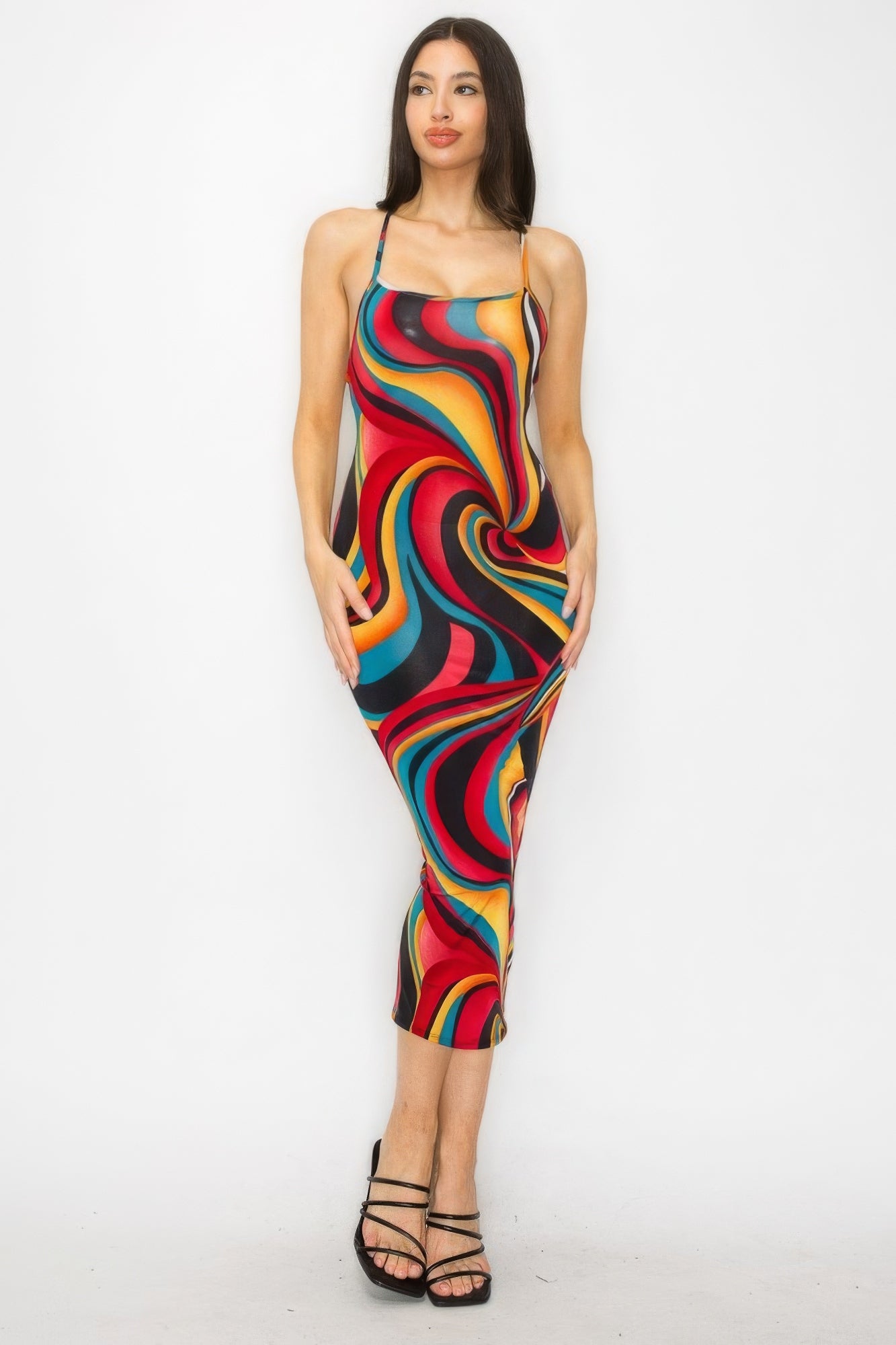 Blue Zone Planet | Amelia's Crossed Back Marble Print Multicolor Midi Dress Blue Zone Planet