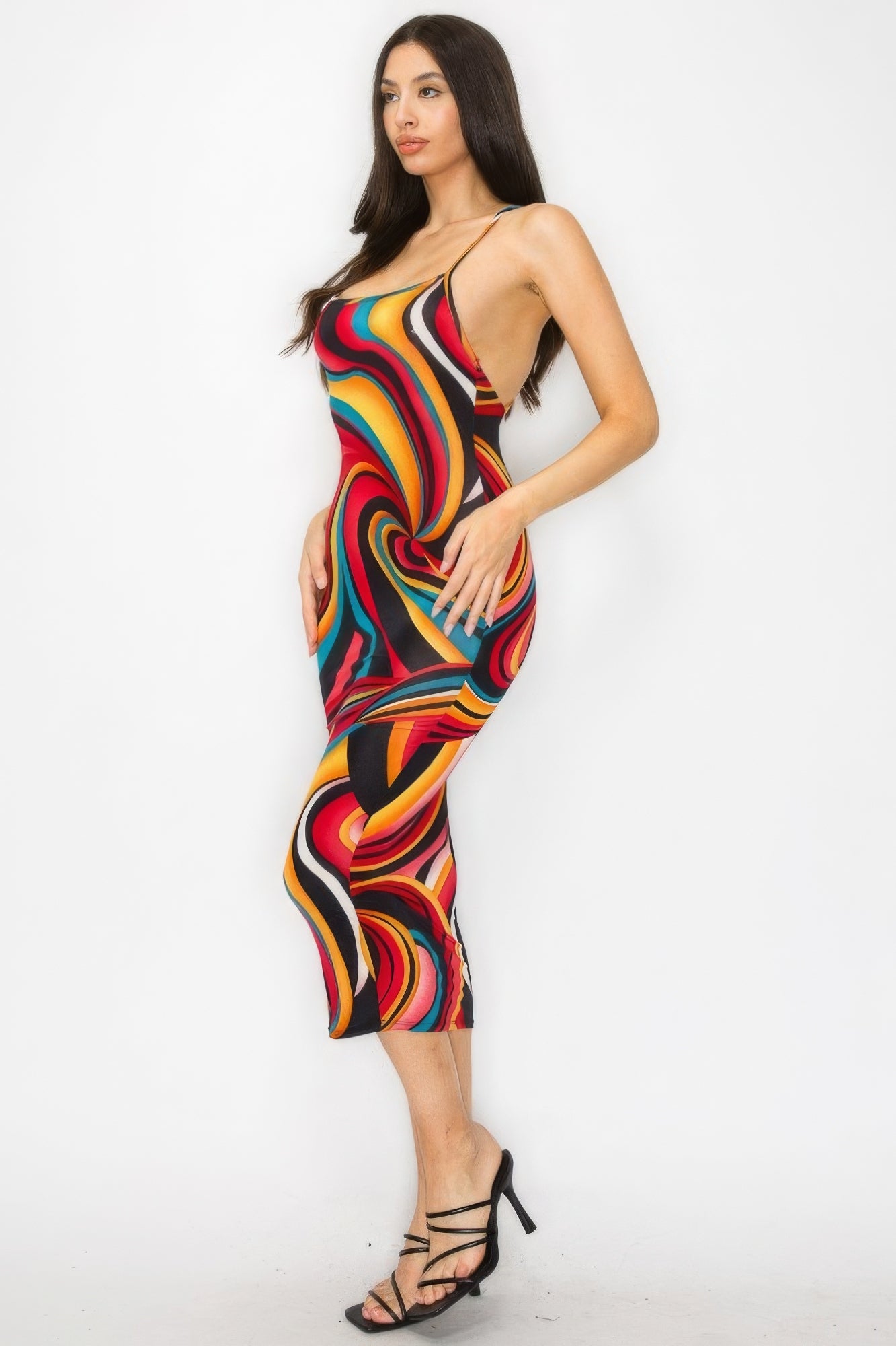 Blue Zone Planet | Amelia's Crossed Back Marble Print Multicolor Midi Dress Blue Zone Planet