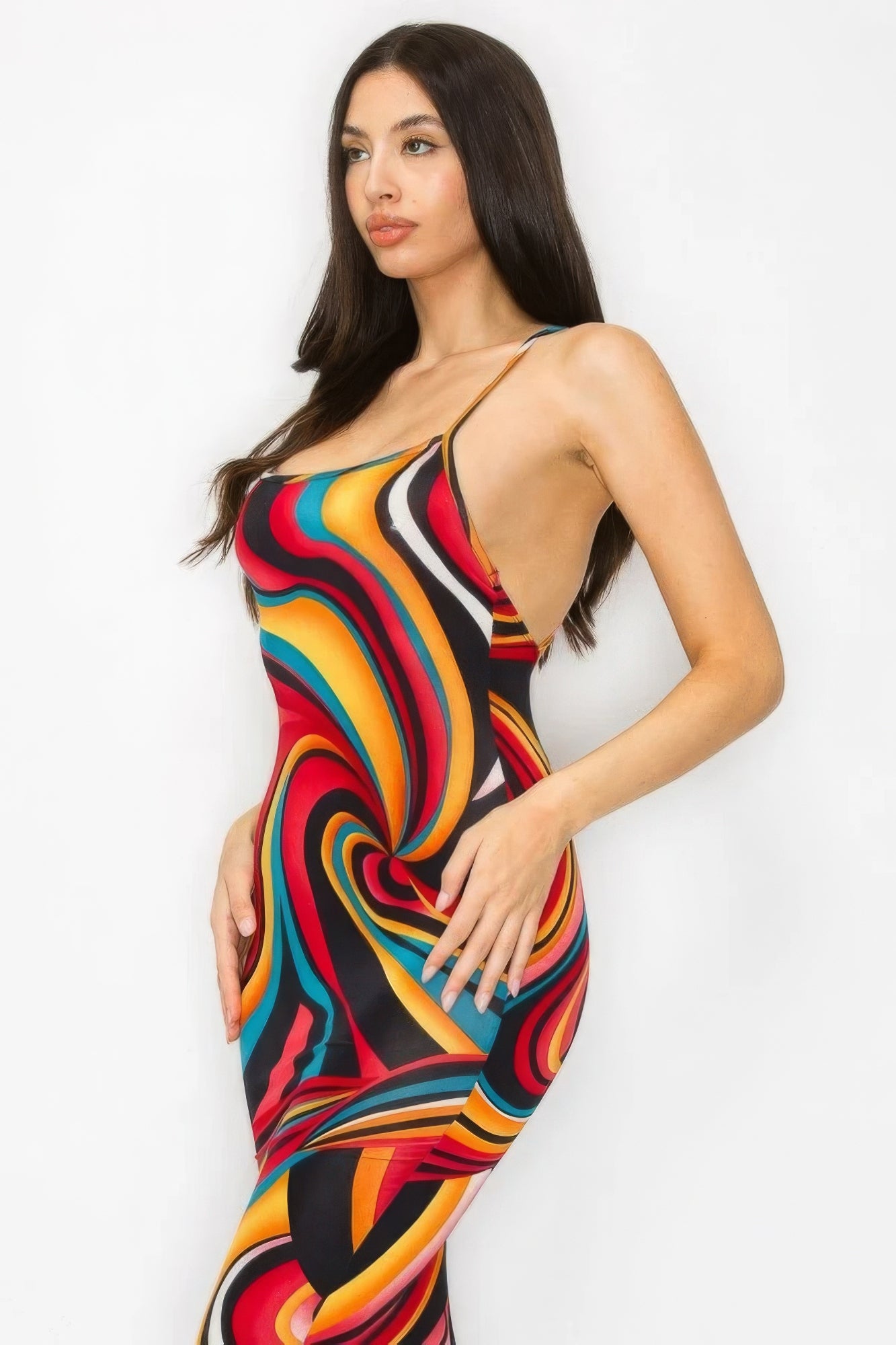 Blue Zone Planet | Amelia's Crossed Back Marble Print Multicolor Midi Dress Blue Zone Planet