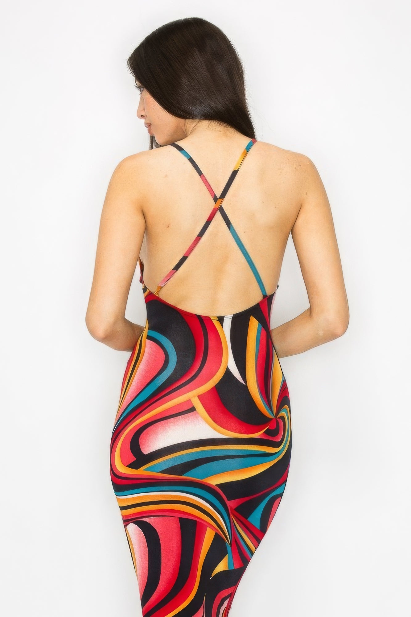 Blue Zone Planet | Amelia's Crossed Back Marble Print Multicolor Midi Dress Blue Zone Planet