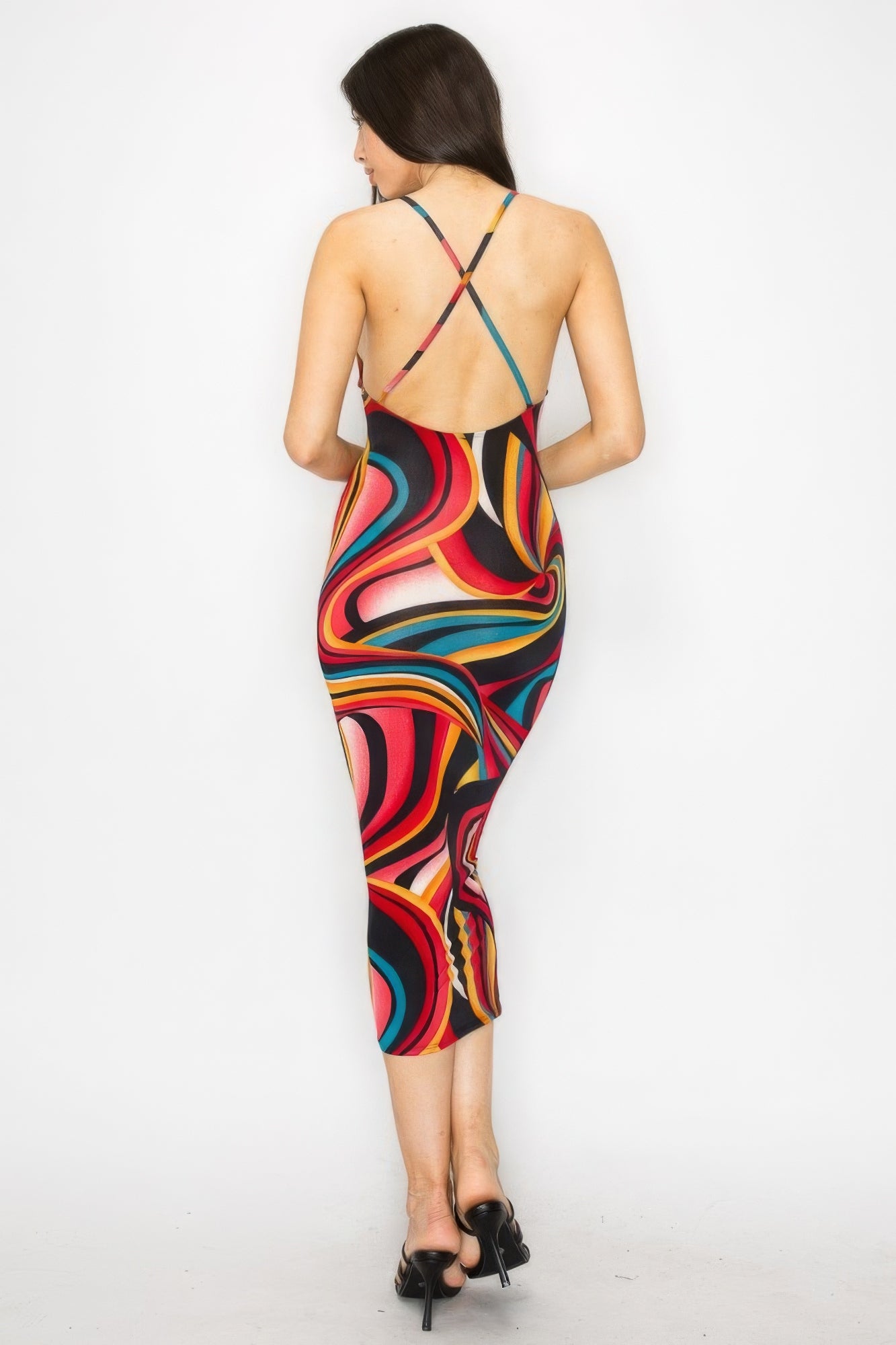Blue Zone Planet | Amelia's Crossed Back Marble Print Multicolor Midi Dress Blue Zone Planet
