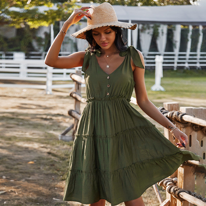 V-neck solid color A-line skirt vacation dress kakaclo