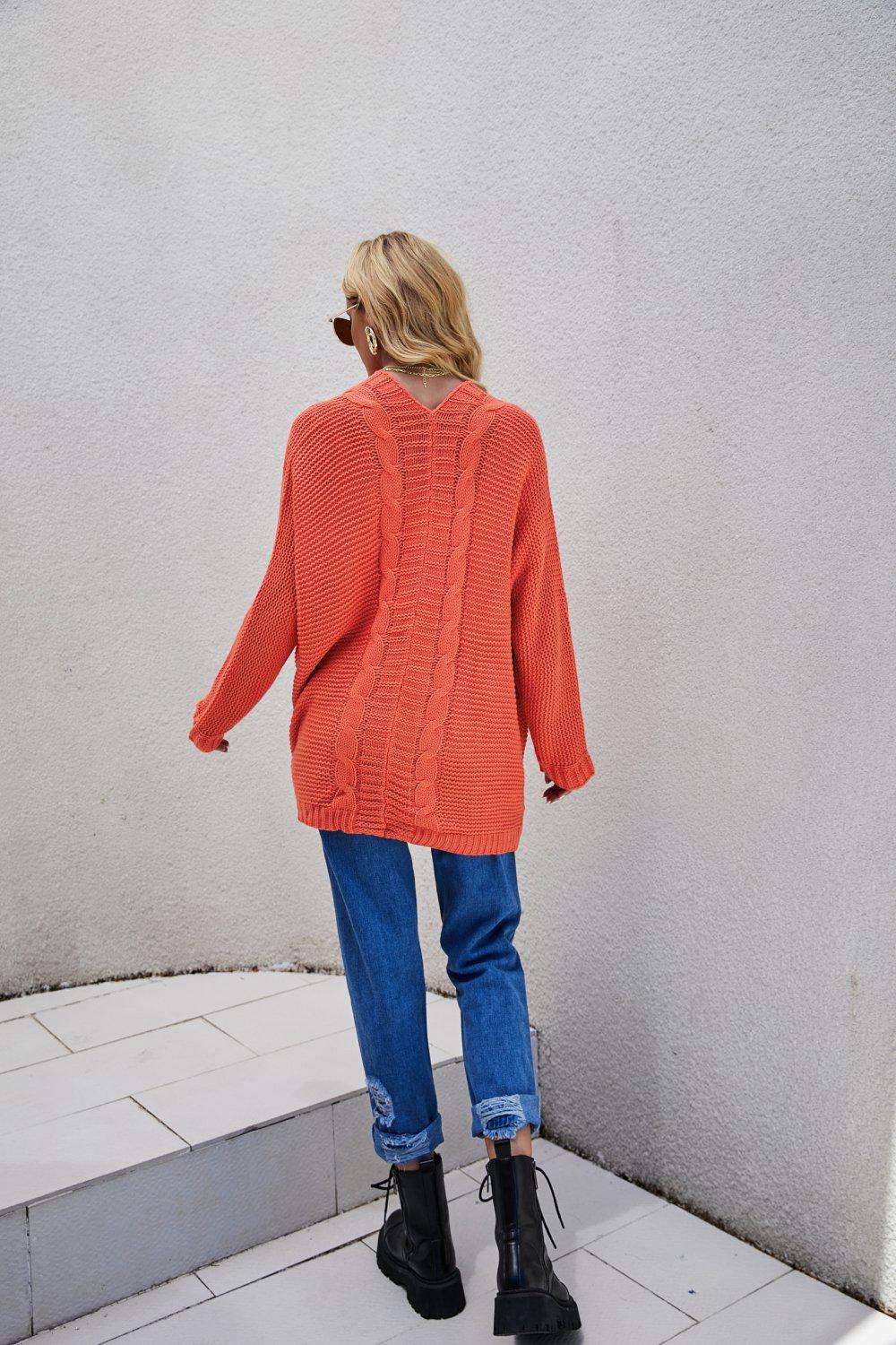 Cable-Knit Curved Hem Open Front Cardigan BLUE ZONE PLANET