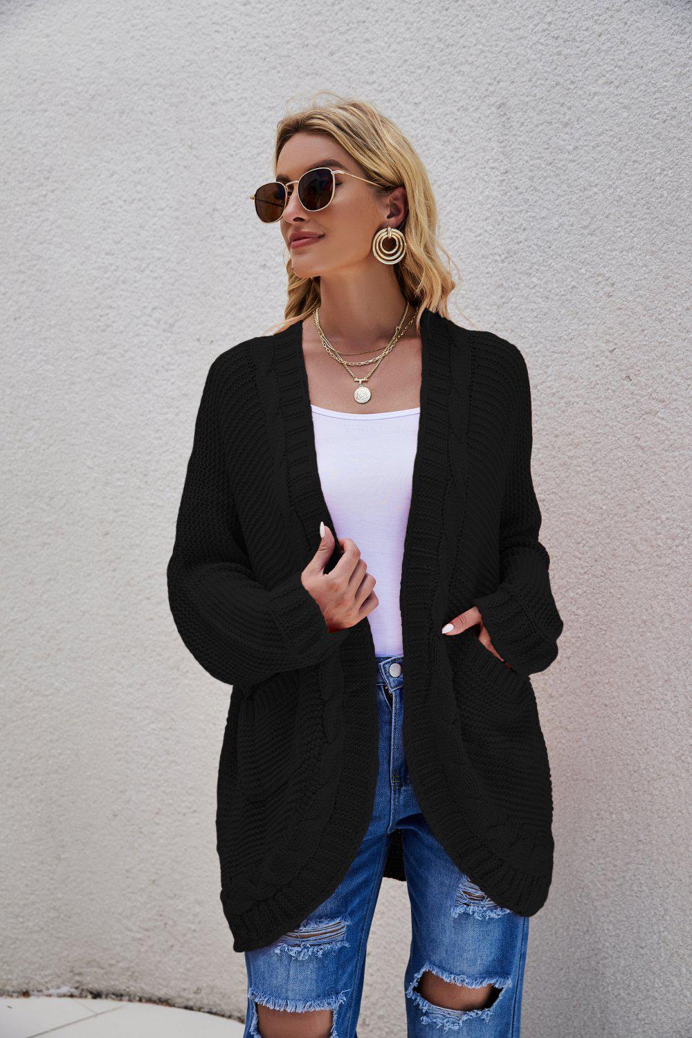 Cable-Knit Curved Hem Open Front Cardigan BLUE ZONE PLANET
