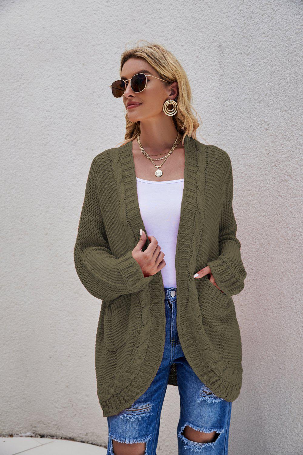 Cable-Knit Curved Hem Open Front Cardigan BLUE ZONE PLANET