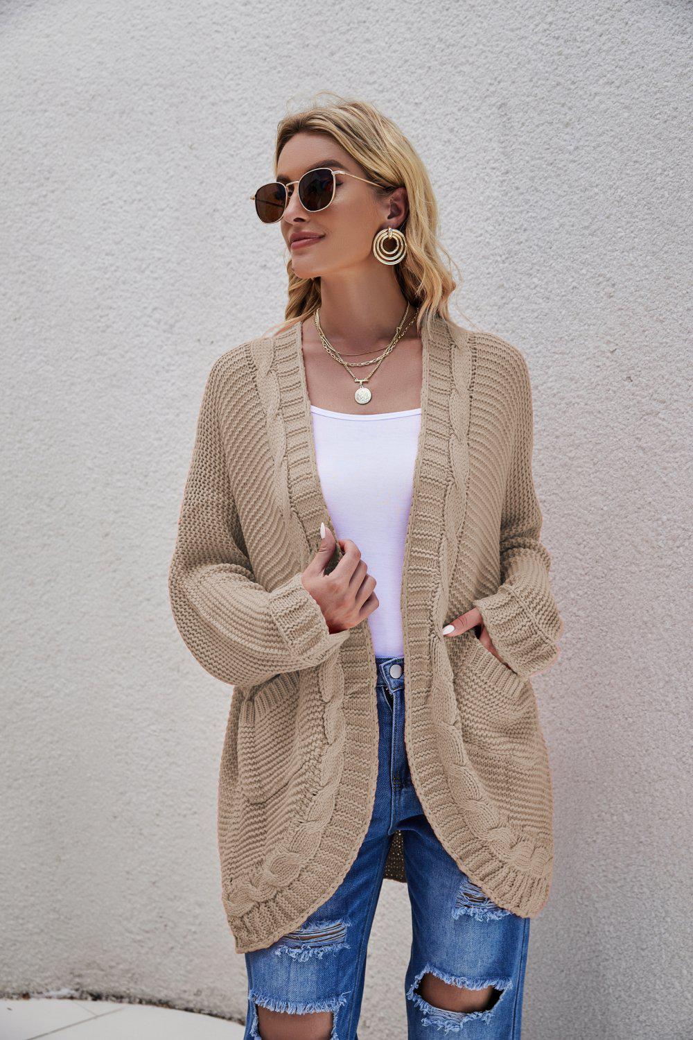 Cable-Knit Curved Hem Open Front Cardigan BLUE ZONE PLANET