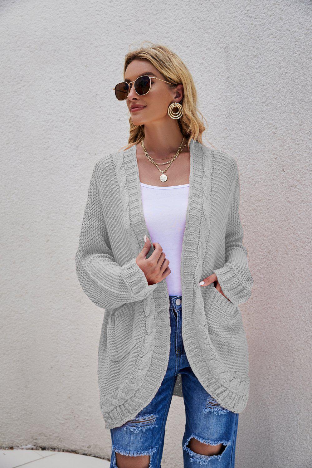 Cable-Knit Curved Hem Open Front Cardigan BLUE ZONE PLANET